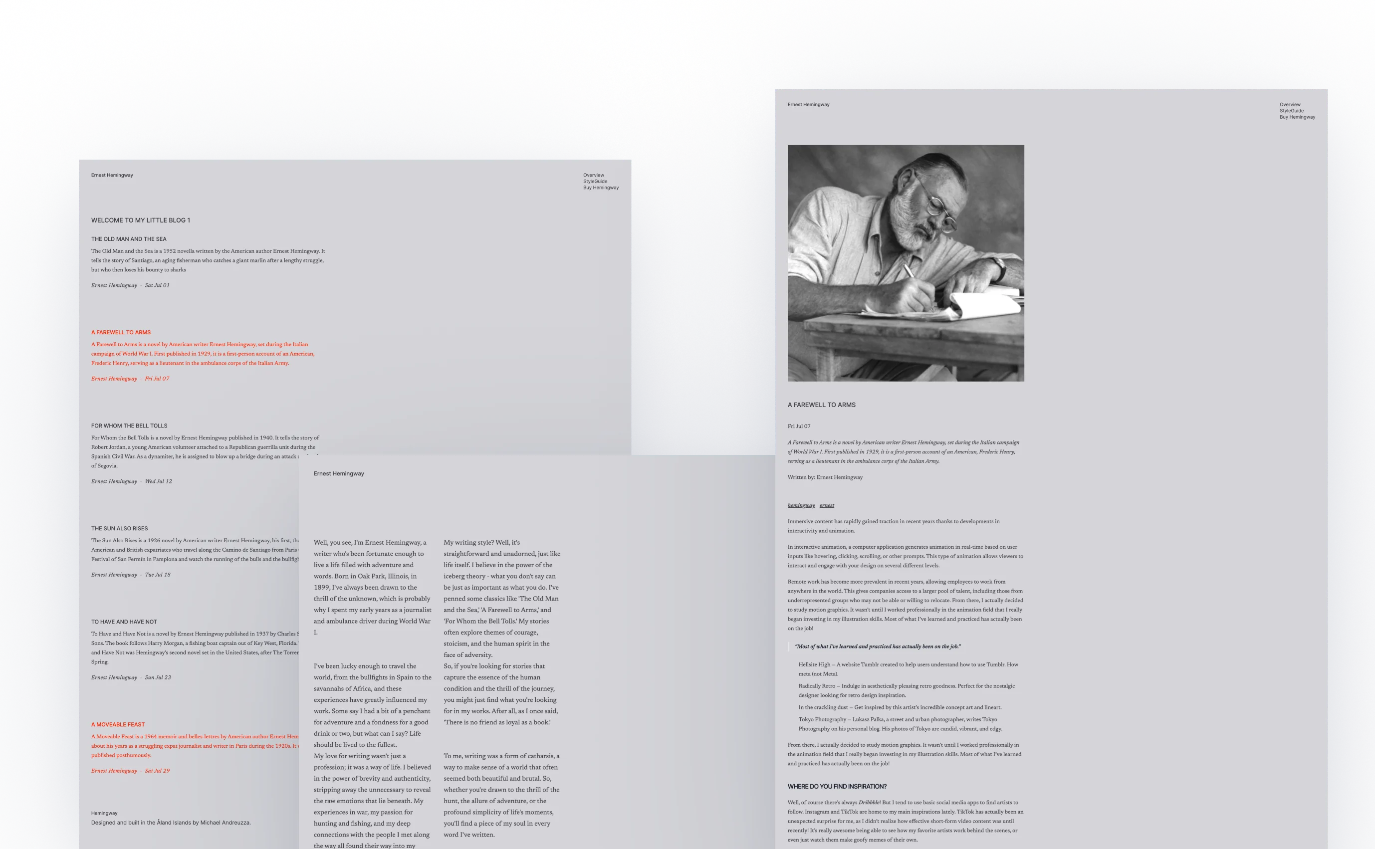 A literary blog theme featuring works by Ernest Hemingway, with a clean, minimalist design. The main page lists classic titles like 'The Old Man and the Sea' and 'A Farewell to Arms,' each with a brief synopsis. On the sidebar, an image of Hemingway writing is accompanied by excerpts from his books and a personal quote about his writing style.