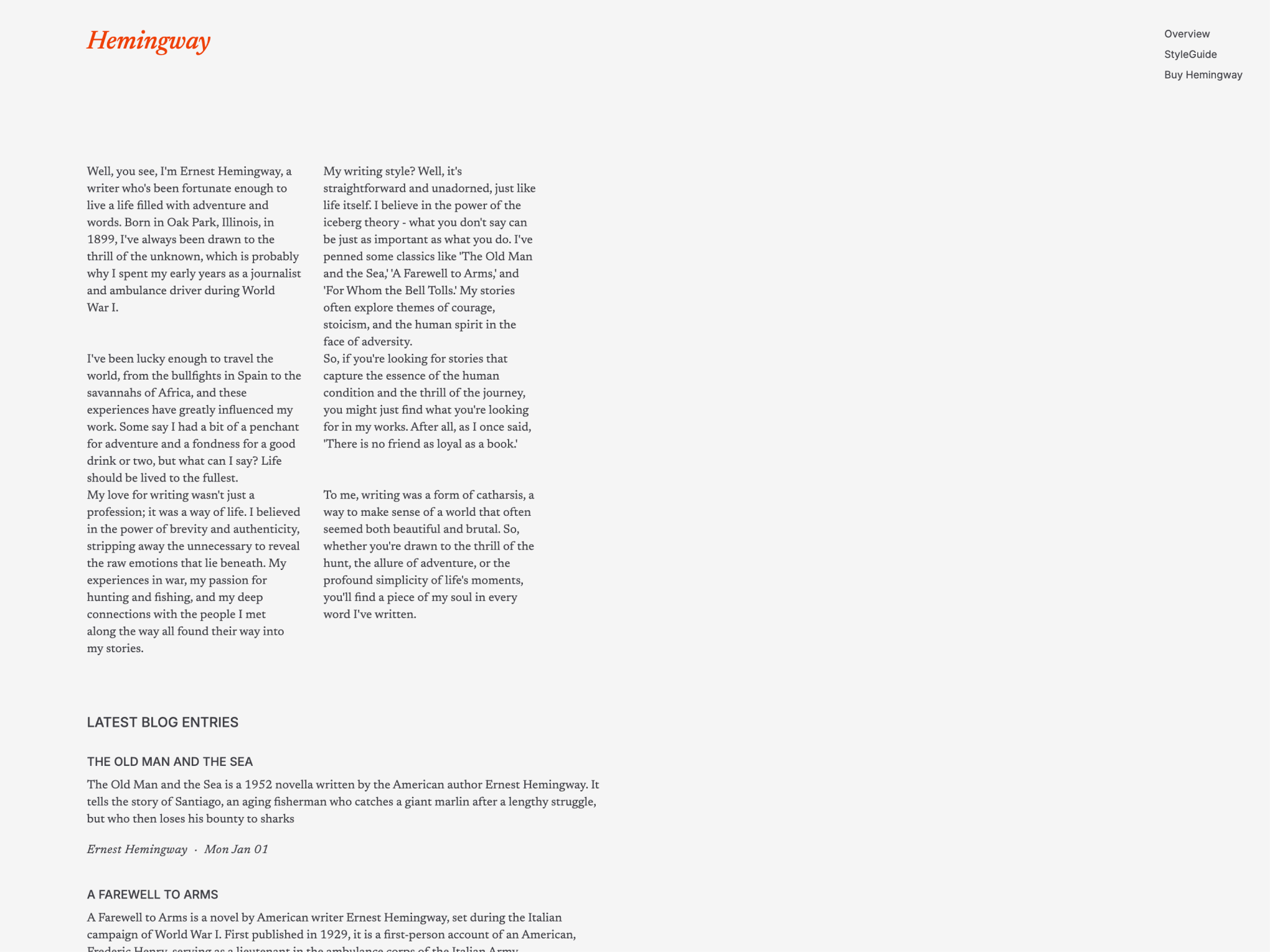 A literary blog theme featuring works by Ernest Hemingway, with a clean, minimalist design. The main page lists classic titles like 'The Old Man and the Sea' and 'A Farewell to Arms,' each with a brief synopsis. On the sidebar, an image of Hemingway writing is accompanied by excerpts from his books and a personal quote about his writing style.