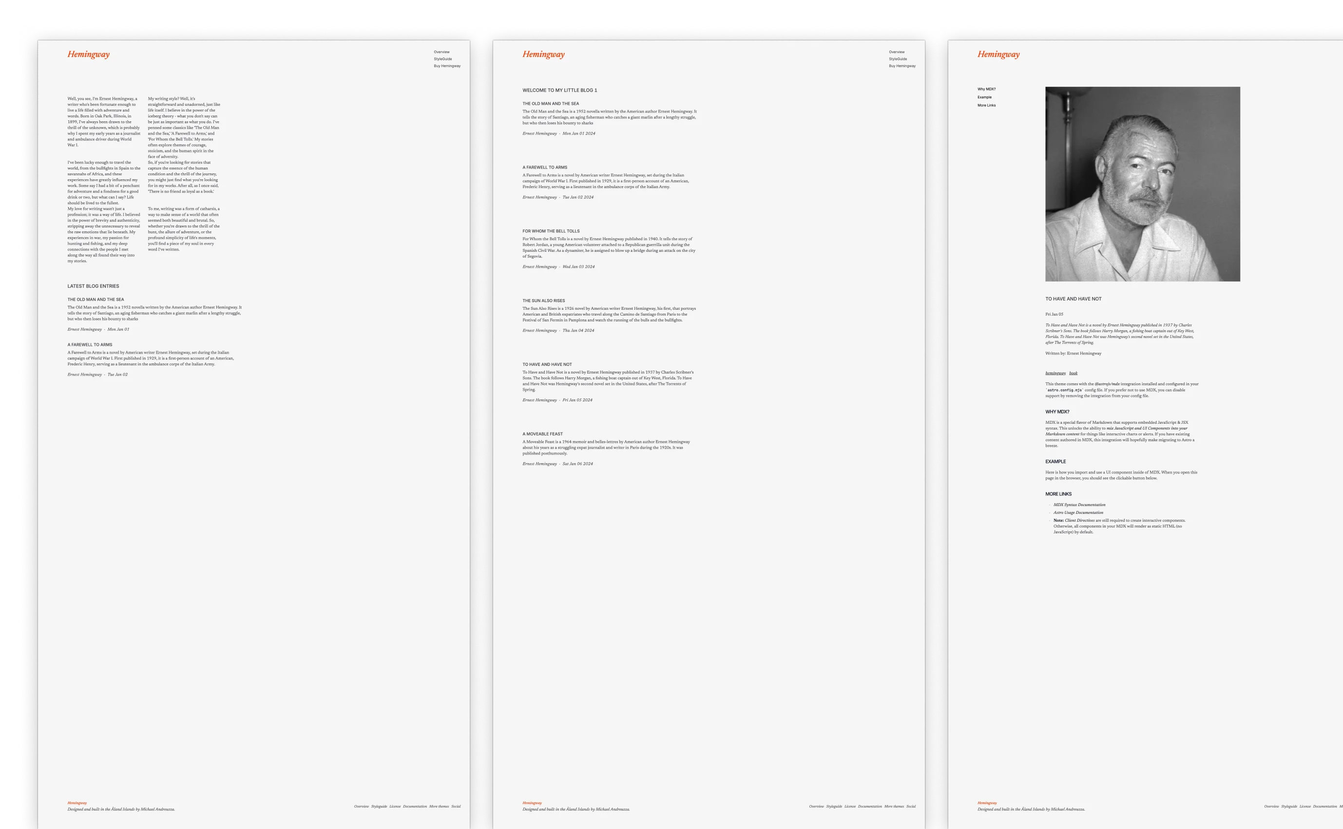 A literary blog theme featuring works by Ernest Hemingway, with a clean, minimalist design. The main page lists classic titles like 'The Old Man and the Sea' and 'A Farewell to Arms,' each with a brief synopsis. On the sidebar, an image of Hemingway writing is accompanied by excerpts from his books and a personal quote about his writing style.