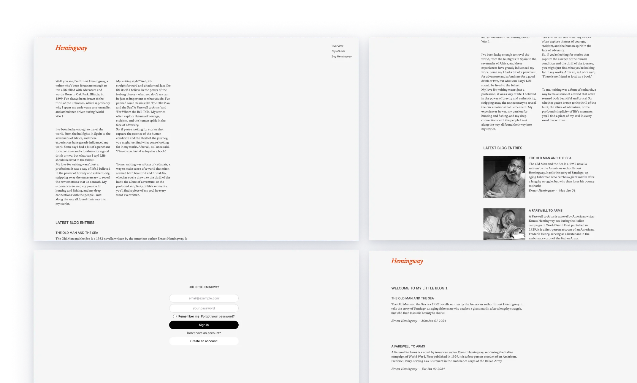 A literary blog theme featuring works by Ernest Hemingway, with a clean, minimalist design. The main page lists classic titles like 'The Old Man and the Sea' and 'A Farewell to Arms,' each with a brief synopsis. On the sidebar, an image of Hemingway writing is accompanied by excerpts from his books and a personal quote about his writing style.