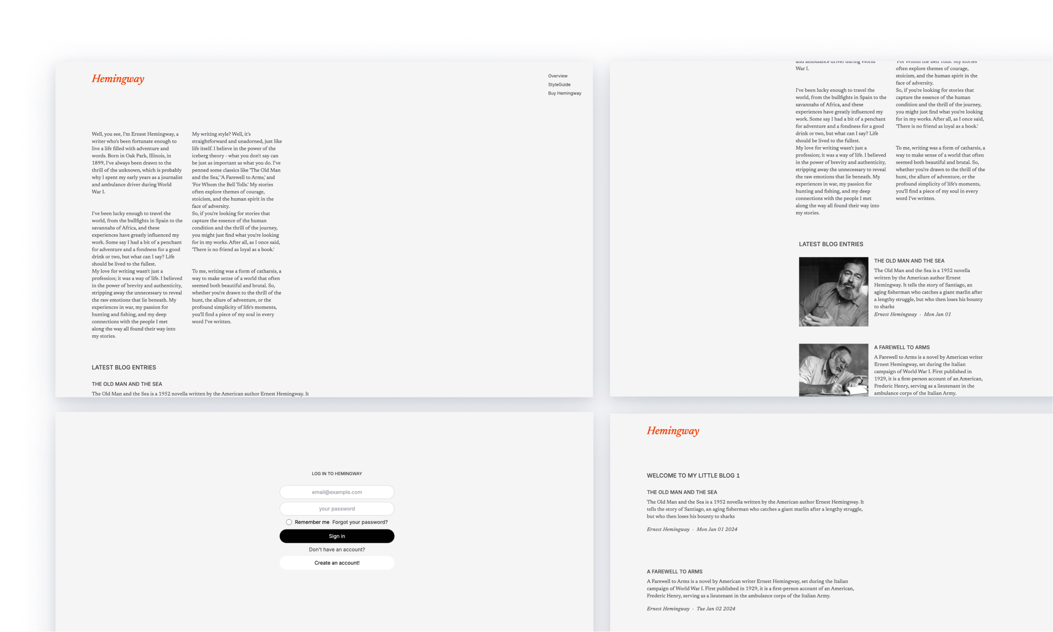 A literary blog theme featuring works by Ernest Hemingway, with a clean, minimalist design. The main page lists classic titles like 'The Old Man and the Sea' and 'A Farewell to Arms,' each with a brief synopsis. On the sidebar, an image of Hemingway writing is accompanied by excerpts from his books and a personal quote about his writing style.