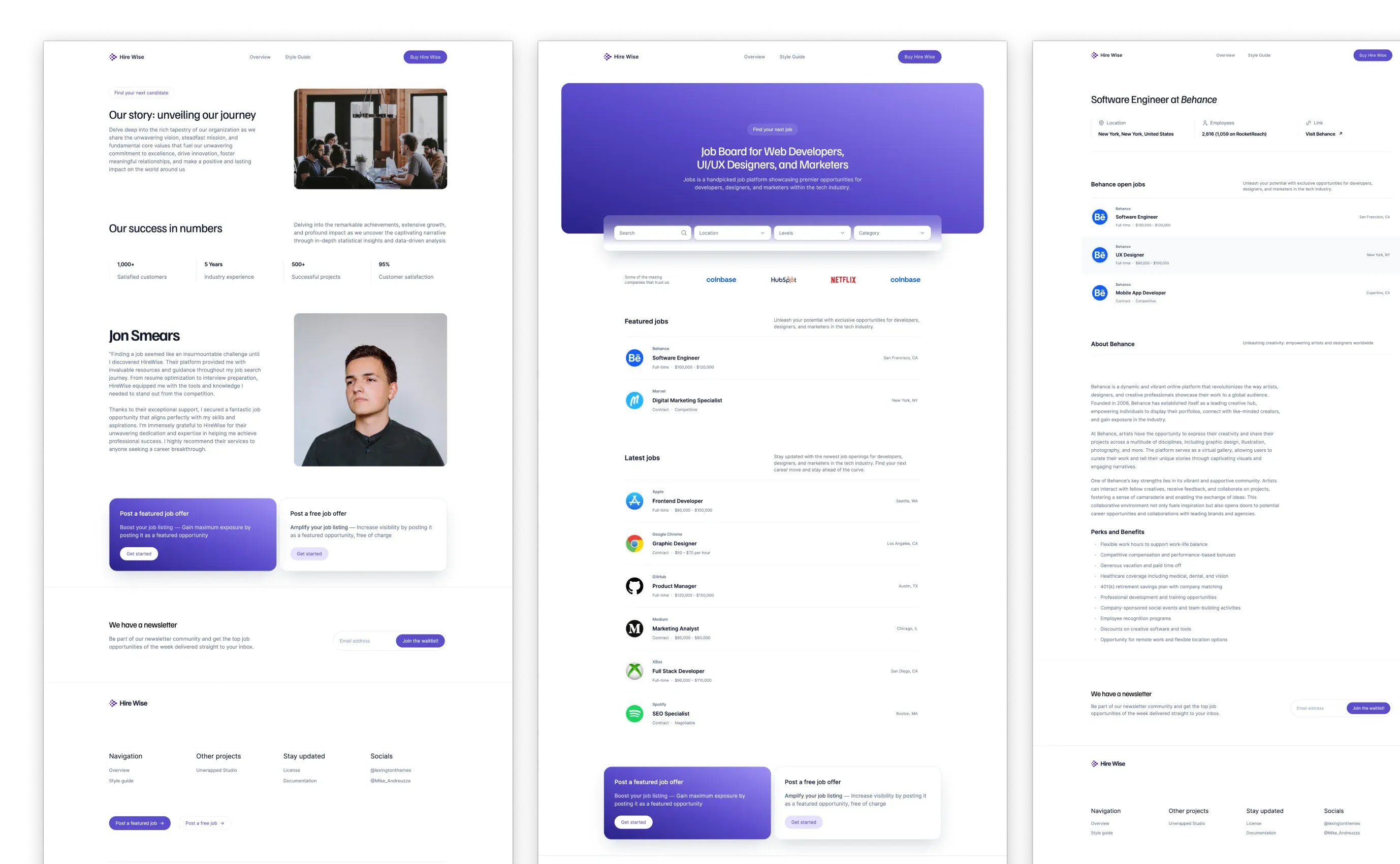 HireWise theme showcasing a job board platform for professionals, with a clean interface incorporating purple and white design elements. The layout includes a search panel for job listings, featured job opportunities from companies like Behance and Netflix, and a section for user testimonials detailing successful employment stories.