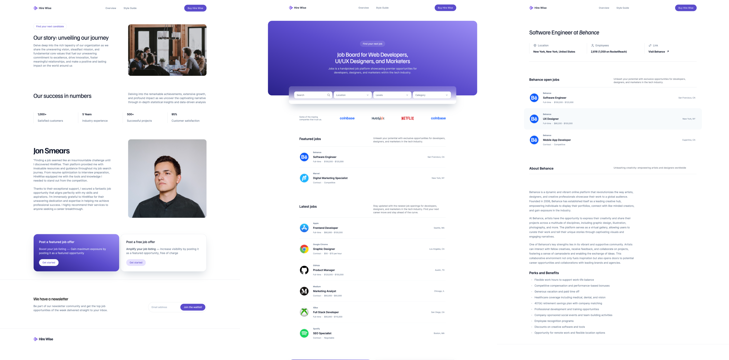 HireWise theme showcasing a job board platform for professionals, with a clean interface incorporating purple and white design elements. The layout includes a search panel for job listings, featured job opportunities from companies like Behance and Netflix, and a section for user testimonials detailing successful employment stories.