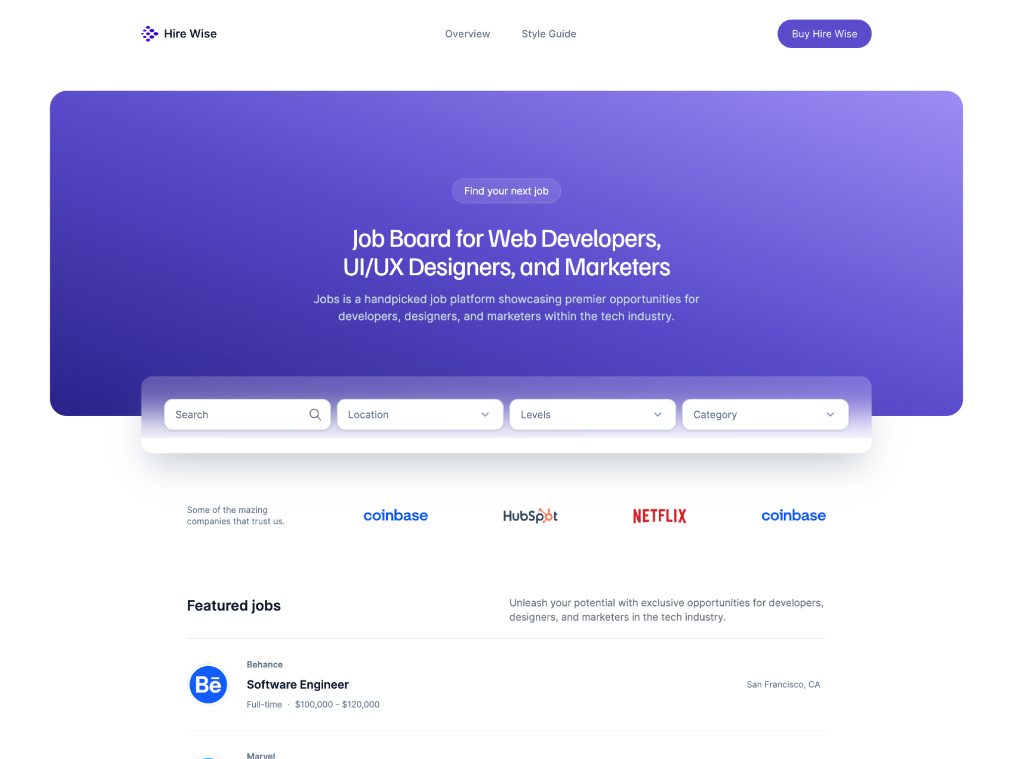 HireWise theme showcasing a job board platform for professionals, with a clean interface incorporating purple and white design elements. The layout includes a search panel for job listings, featured job opportunities from companies like Behance and Netflix, and a section for user testimonials detailing successful employment stories.