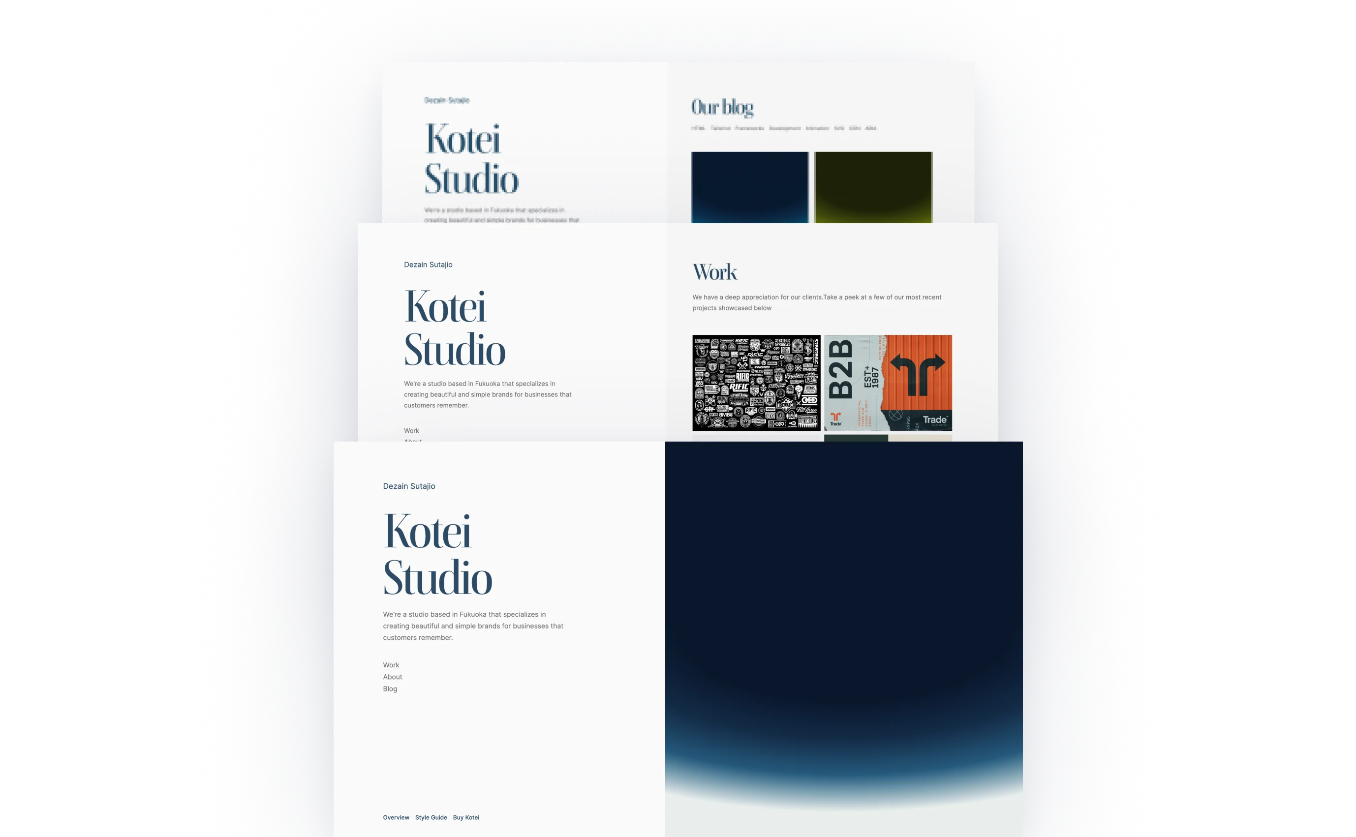 Kotei Studio's clean website design with a minimalist aesthetic, featuring a monochromatic color scheme punctuated by blue accents. The layout includes sections for the studio's philosophy, portfolio of work, and a blog, aimed at highlighting their expertise in creating memorable brands.