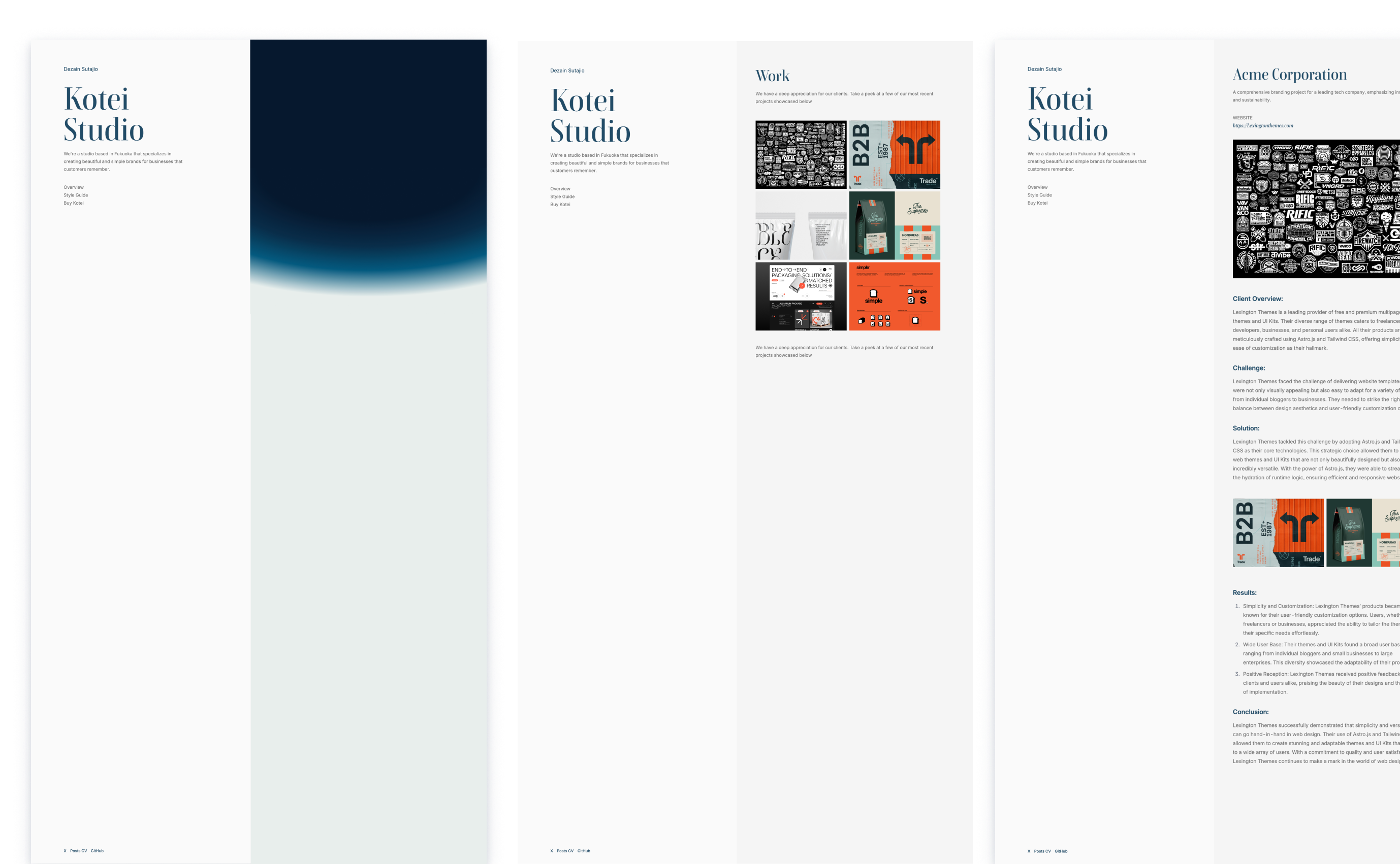 Kotei Studio's clean website design with a minimalist aesthetic, featuring a monochromatic color scheme punctuated by blue accents. The layout includes sections for the studio's philosophy, portfolio of work, and a blog, aimed at highlighting their expertise in creating memorable brands.