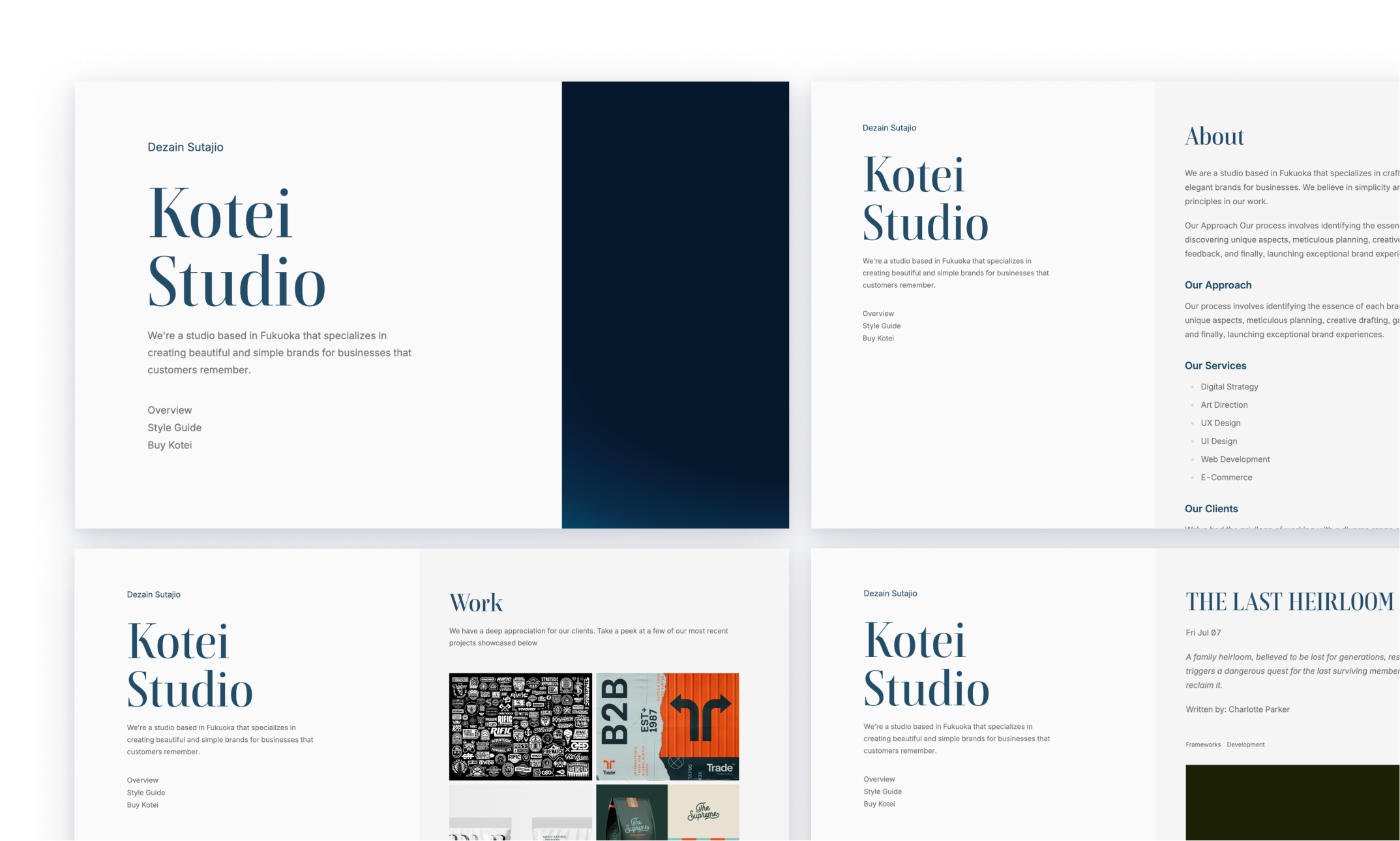 Kotei Studio's clean website design with a minimalist aesthetic, featuring a monochromatic color scheme punctuated by blue accents. The layout includes sections for the studio's philosophy, portfolio of work, and a blog, aimed at highlighting their expertise in creating memorable brands.