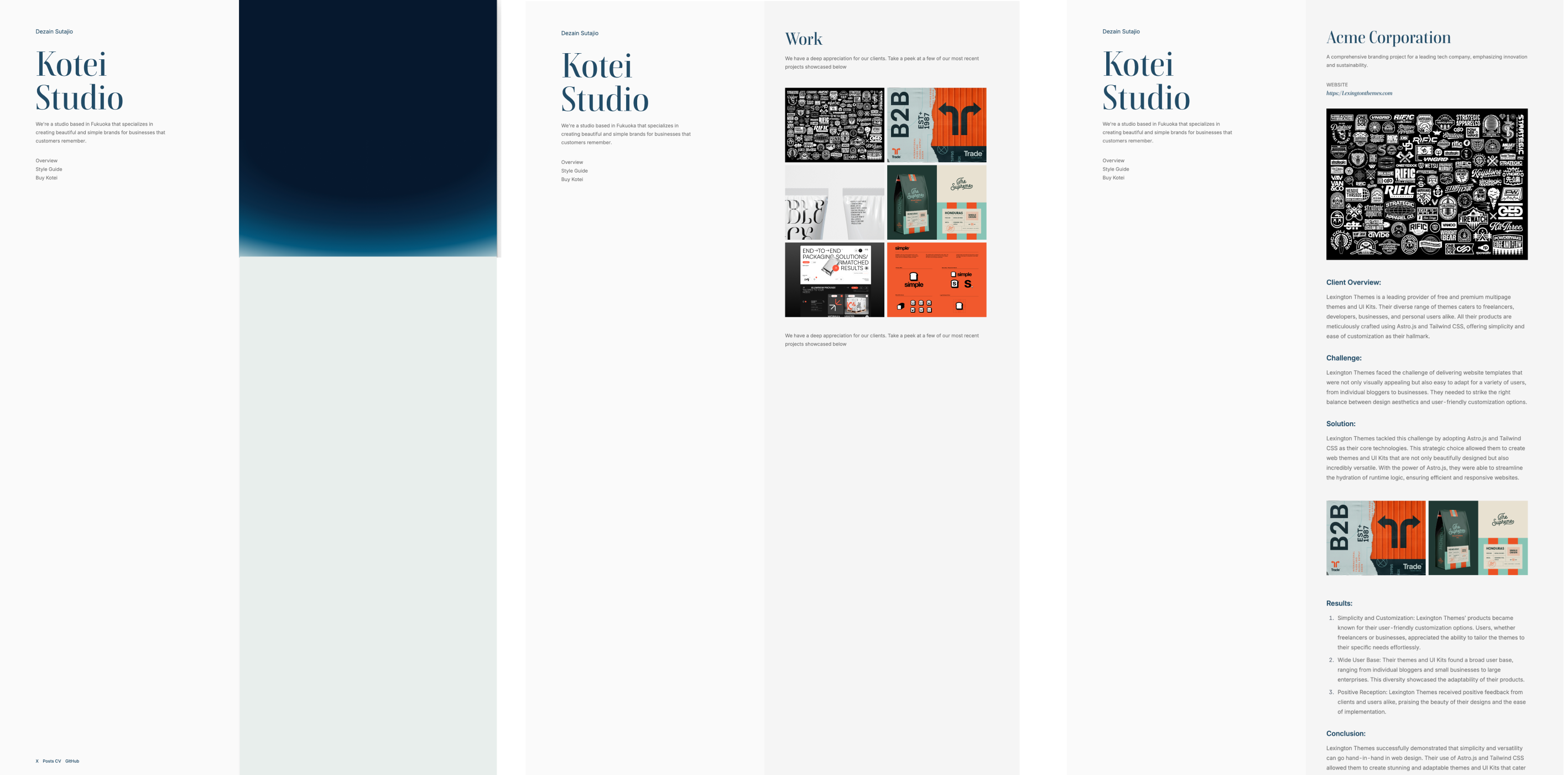 Kotei Studio's clean website design with a minimalist aesthetic, featuring a monochromatic color scheme punctuated by blue accents. The layout includes sections for the studio's philosophy, portfolio of work, and a blog, aimed at highlighting their expertise in creating memorable brands.