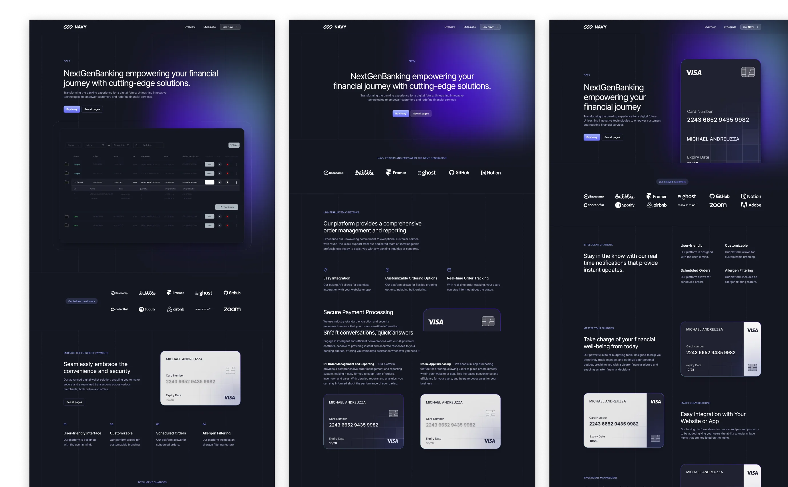 Navy theme interface displaying a dark mode financial dashboard with vibrant purple accents. Features include secure payment processing, user-friendly interface, and easy navigation. Client logos like Dropbox and GitHub are shown for trust endorsement.