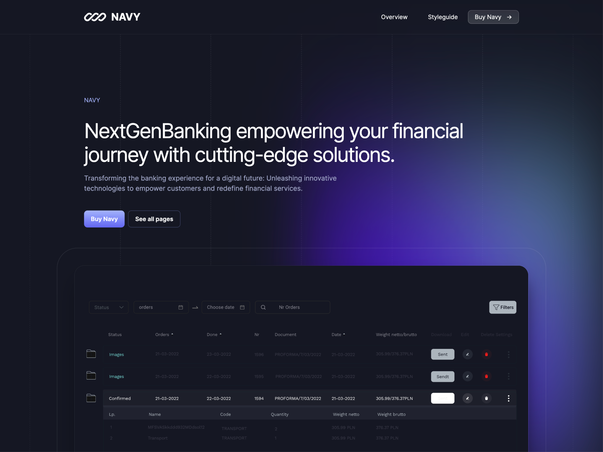 Navy theme interface displaying a dark mode financial dashboard with vibrant purple accents. Features include secure payment processing, user-friendly interface, and easy navigation. Client logos like Dropbox and GitHub are shown for trust endorsement.