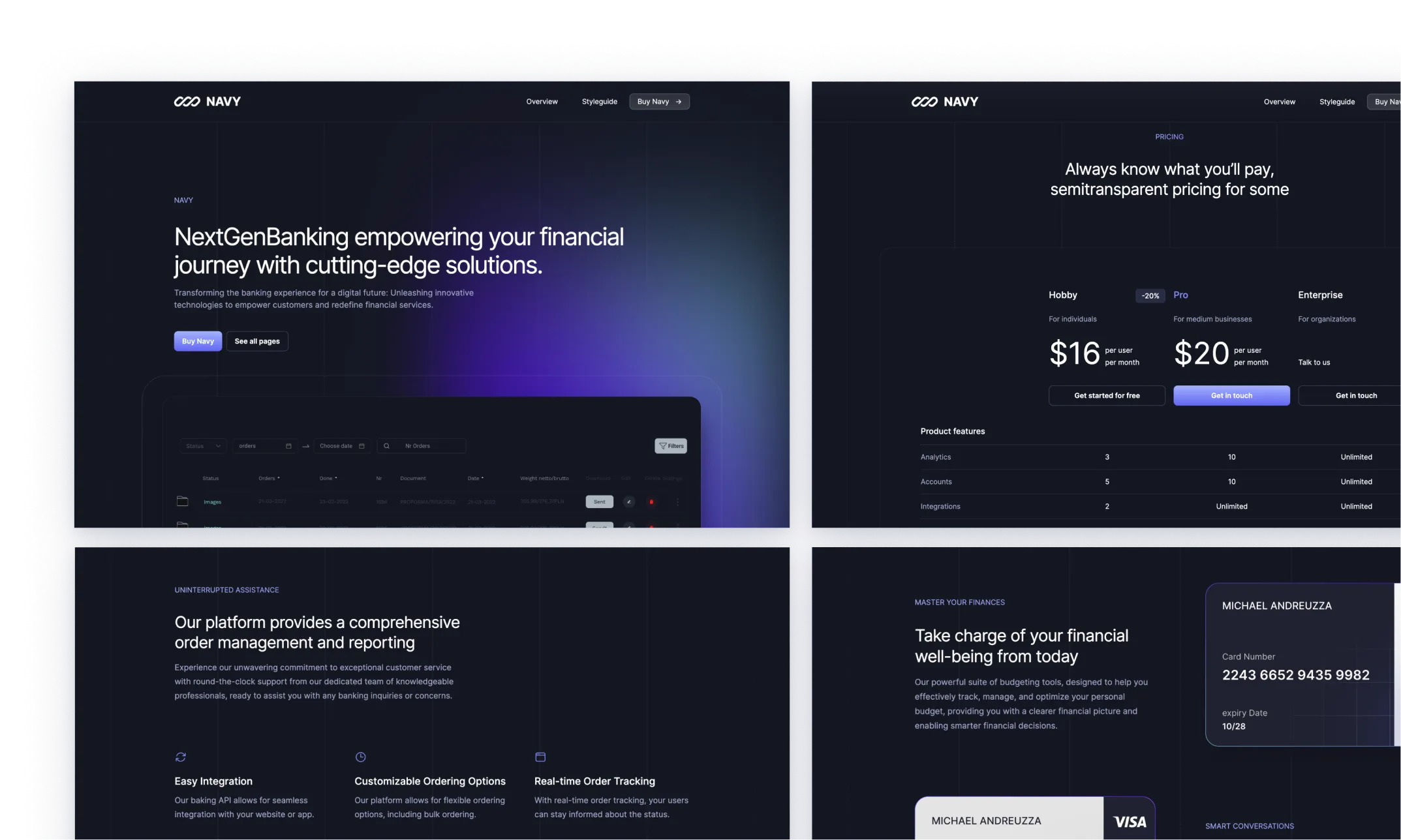 Navy theme interface displaying a dark mode financial dashboard with vibrant purple accents. Features include secure payment processing, user-friendly interface, and easy navigation. Client logos like Dropbox and GitHub are shown for trust endorsement.