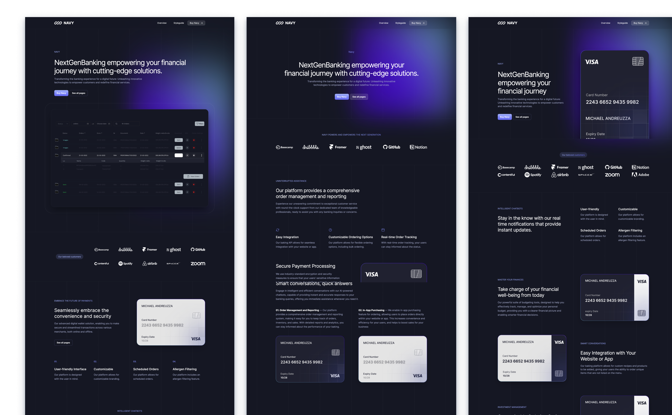 Navy theme interface displaying a dark mode financial dashboard with vibrant purple accents. Features include secure payment processing, user-friendly interface, and easy navigation. Client logos like Dropbox and GitHub are shown for trust endorsement.