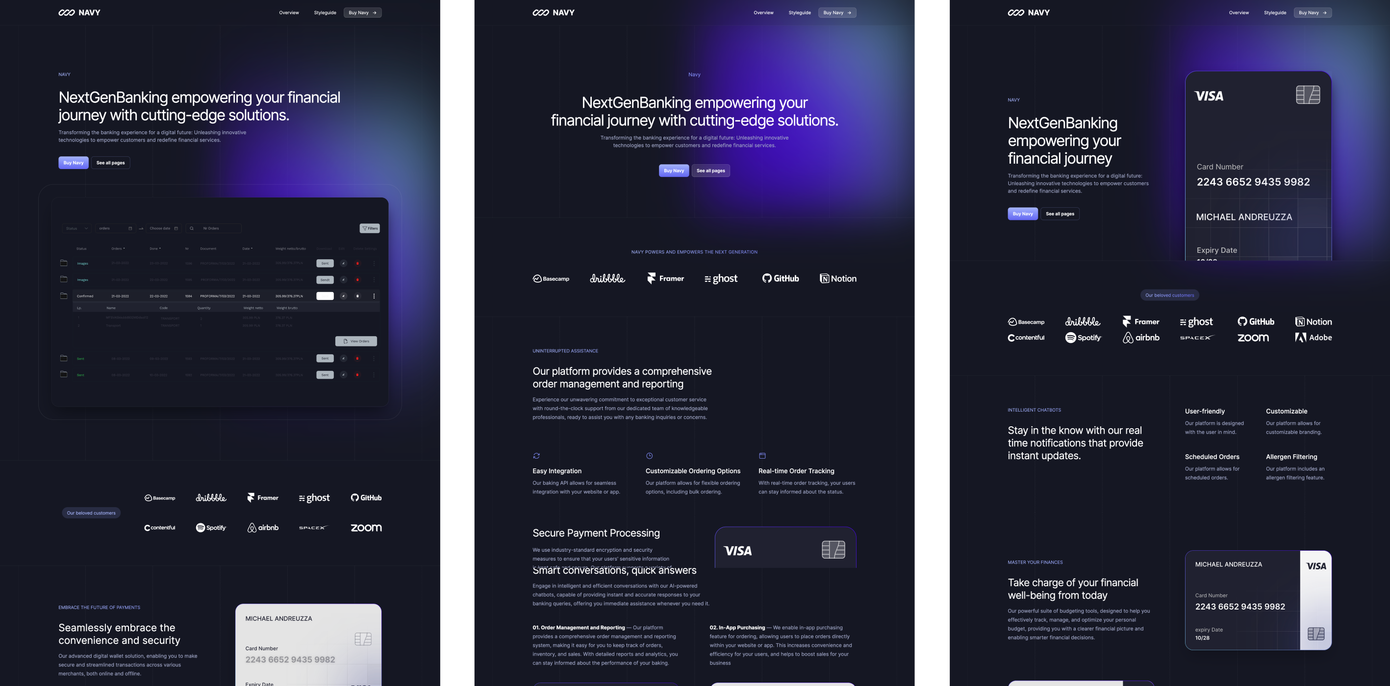 Navy theme interface displaying a dark mode financial dashboard with vibrant purple accents. Features include secure payment processing, user-friendly interface, and easy navigation. Client logos like Dropbox and GitHub are shown for trust endorsement.