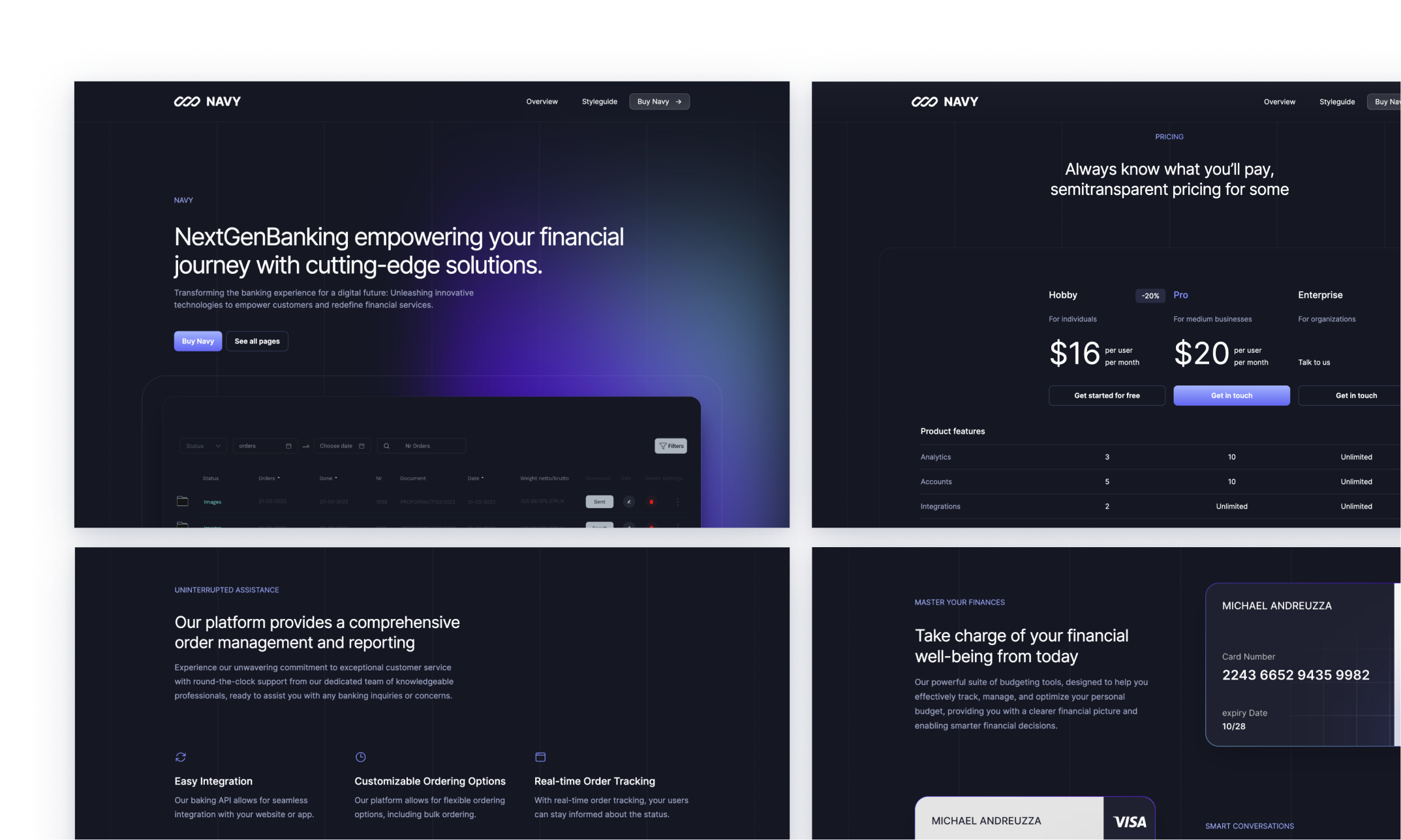 Navy theme interface displaying a dark mode financial dashboard with vibrant purple accents. Features include secure payment processing, user-friendly interface, and easy navigation. Client logos like Dropbox and GitHub are shown for trust endorsement.