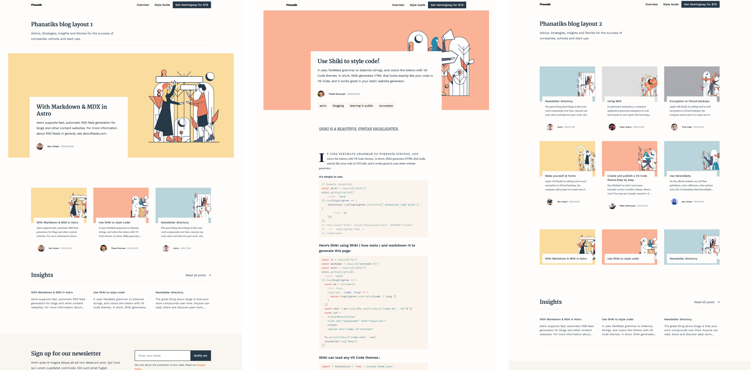 Phanatik blog layout version 1, featuring a vibrant mix of yellow and coral colors with illustrations. Articles on Markdown, MDX in Astro, and styling code with Shiki are presented alongside insights and tips for developers. The page also includes a call to action for newsletter subscription at the bottom.