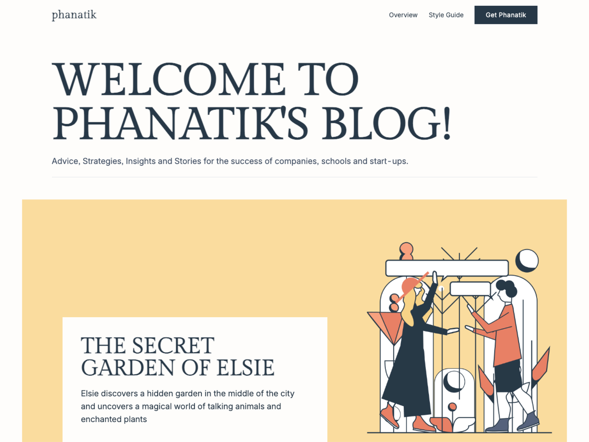 Phanatik blog layout version 1, featuring a vibrant mix of yellow and coral colors with illustrations. Articles on Markdown, MDX in Astro, and styling code with Shiki are presented alongside insights and tips for developers. The page also includes a call to action for newsletter subscription at the bottom.