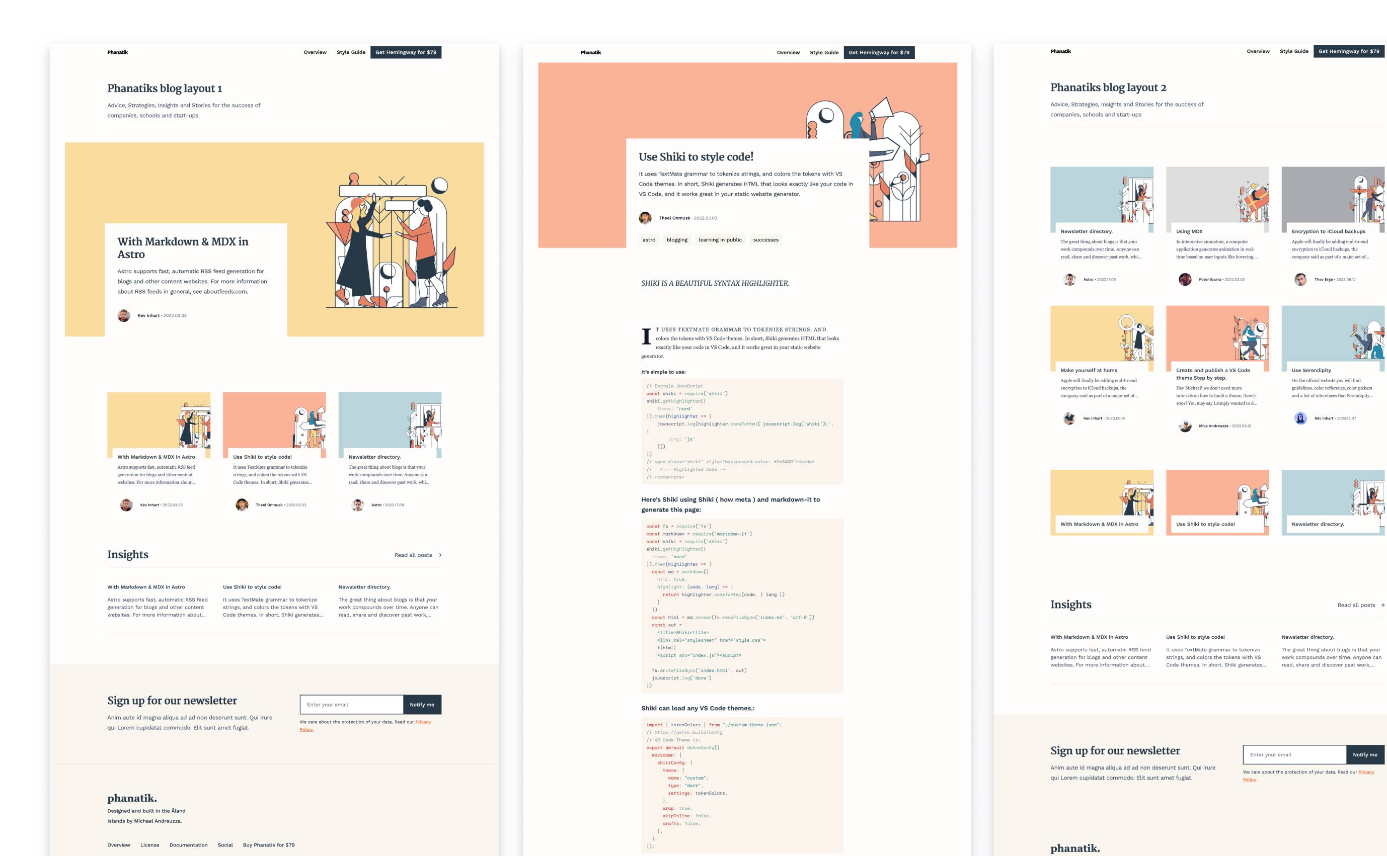 Phanatik blog layout version 1, featuring a vibrant mix of yellow and coral colors with illustrations. Articles on Markdown, MDX in Astro, and styling code with Shiki are presented alongside insights and tips for developers. The page also includes a call to action for newsletter subscription at the bottom.