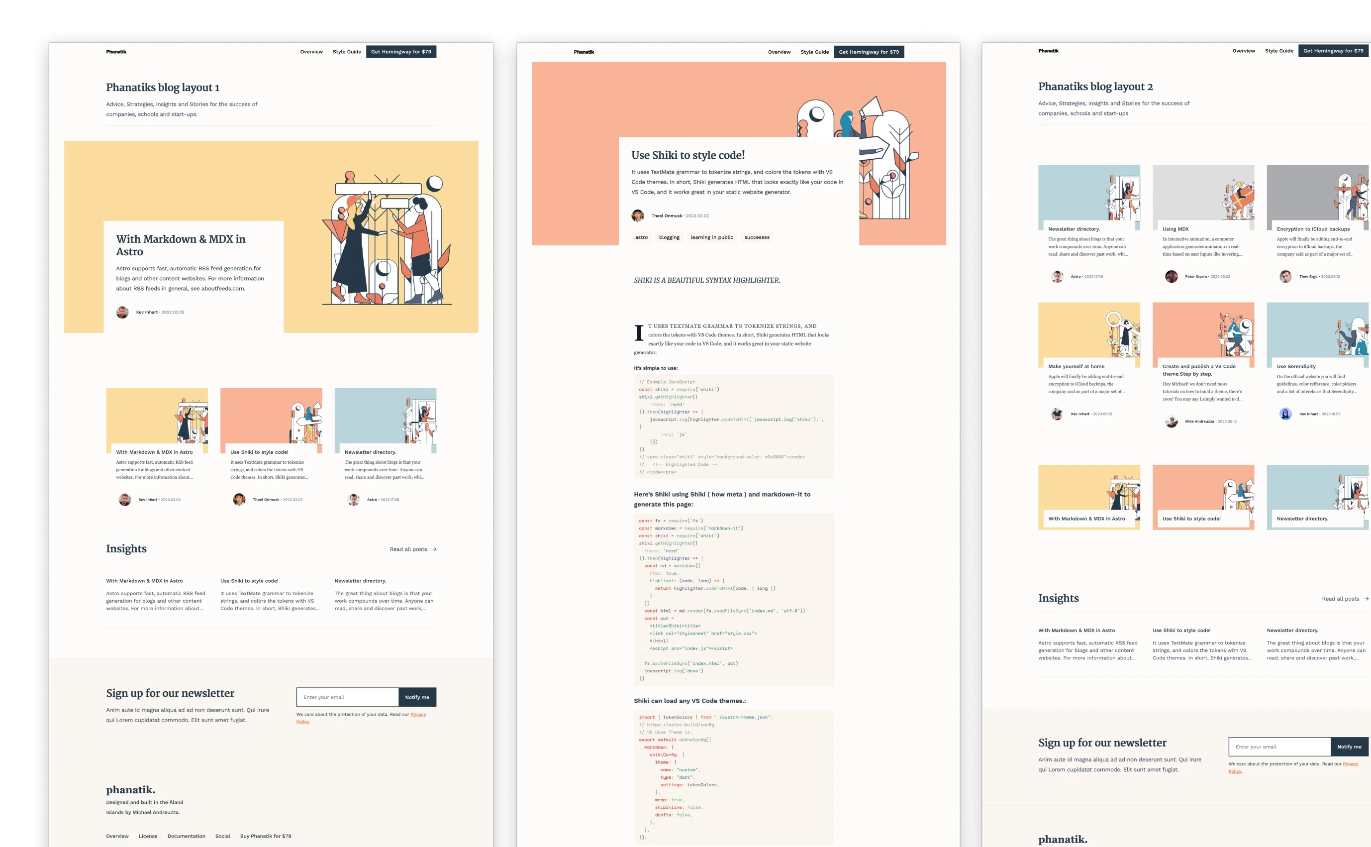 Phanatik blog layout version 1, featuring a vibrant mix of yellow and coral colors with illustrations. Articles on Markdown, MDX in Astro, and styling code with Shiki are presented alongside insights and tips for developers. The page also includes a call to action for newsletter subscription at the bottom.