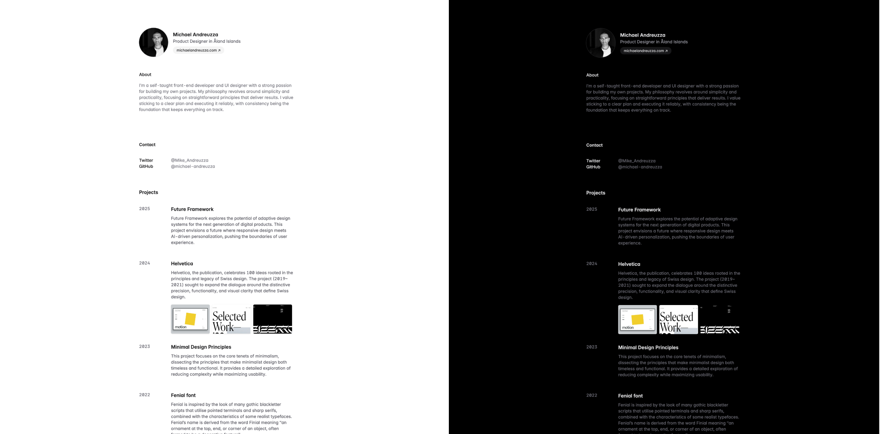 Prima Persona theme with a monochrome palette, showcasing a designer's personal website sections like 'Hey, welcome to my site,' 'Find me on' with social icons, 'Grab my résumé,' and an invitation to join the Figma community. Features include testimonials, newsletter subscription, and highlighted design services.