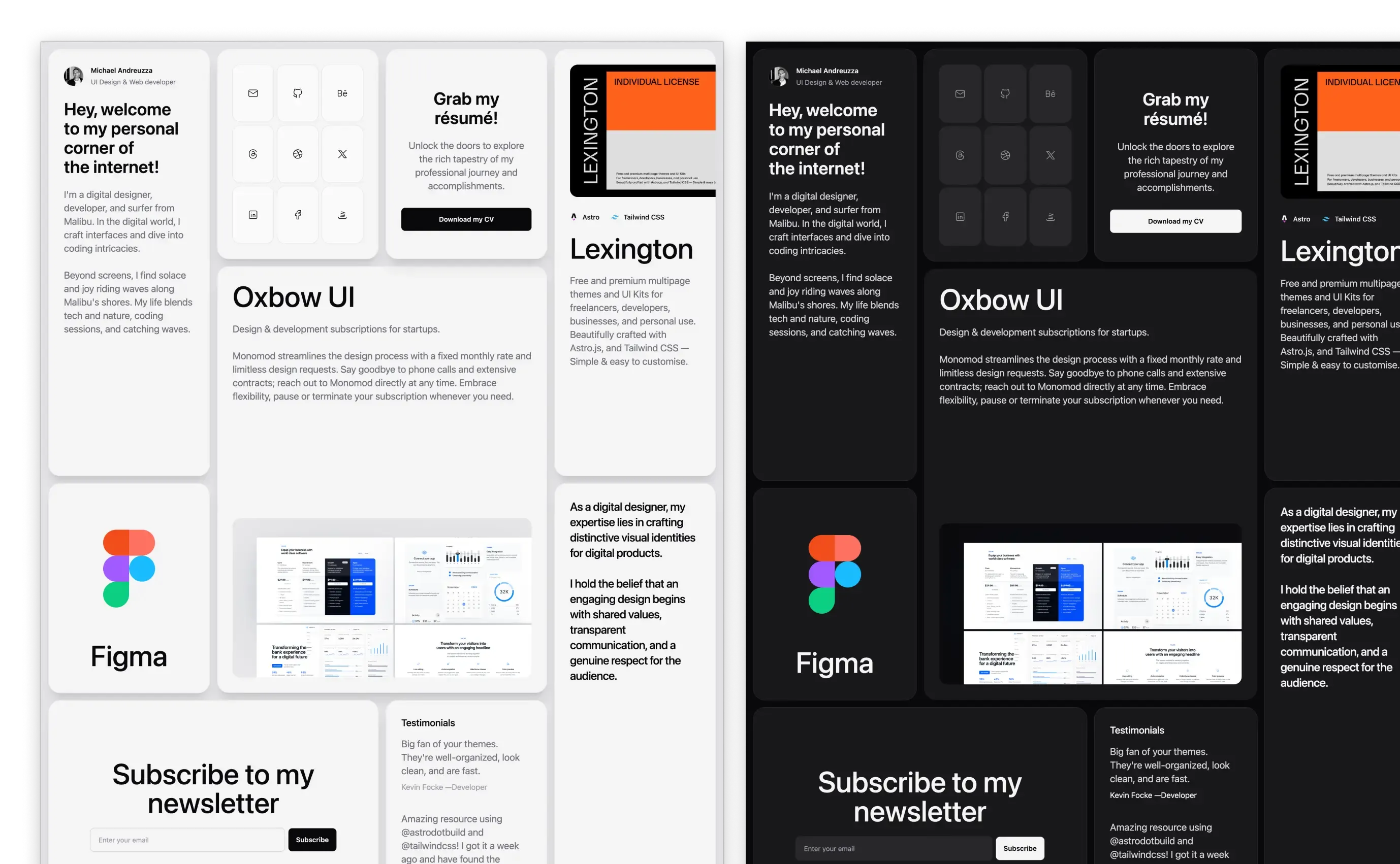 Prima Persona theme with a monochrome palette, showcasing a designer's personal website sections like 'Hey, welcome to my site,' 'Find me on' with social icons, 'Grab my résumé,' and an invitation to join the Figma community. Features include testimonials, newsletter subscription, and highlighted design services.