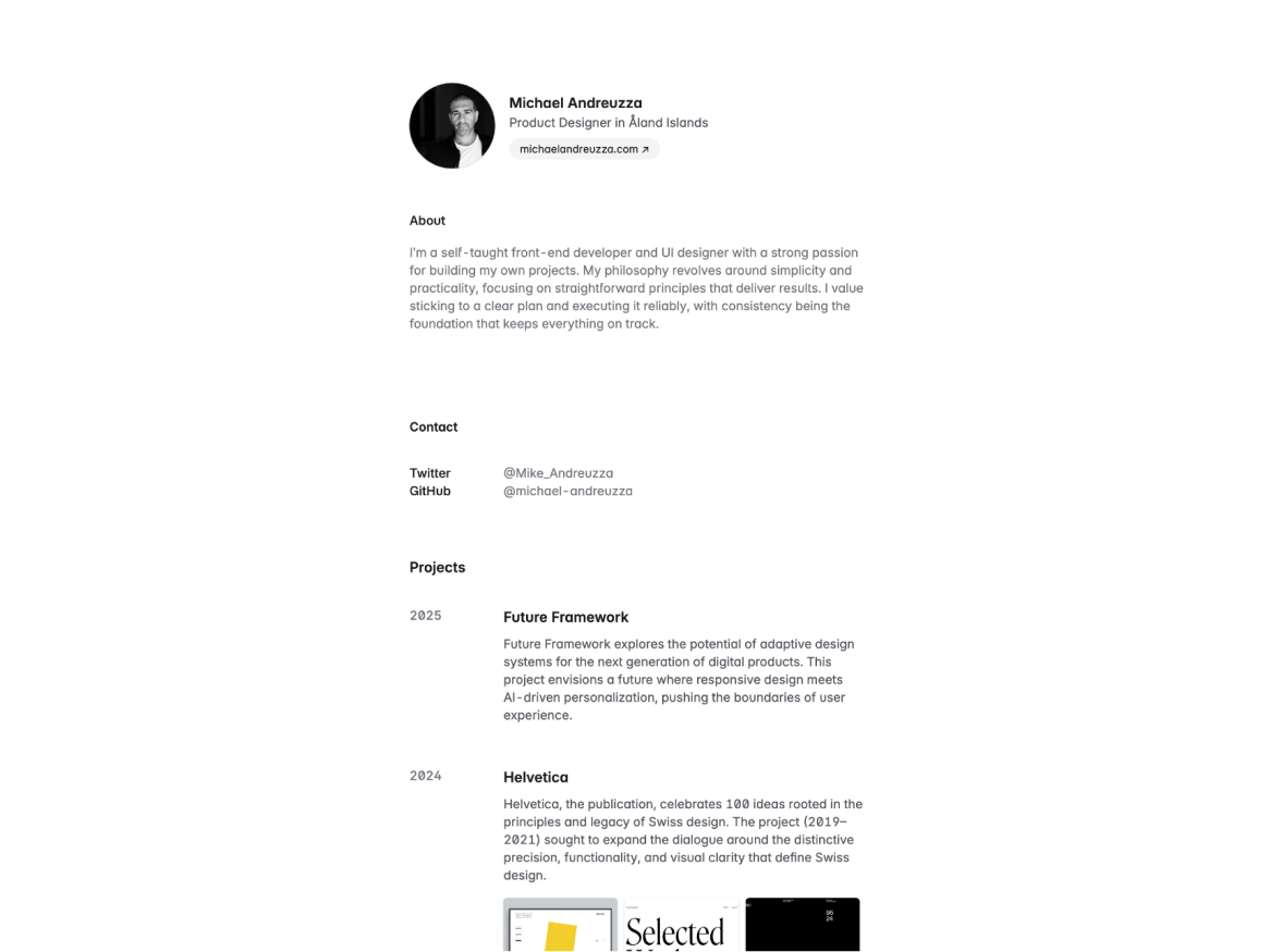 Prima Persona theme with a monochrome palette, showcasing a designer's personal website sections like 'Hey, welcome to my site,' 'Find me on' with social icons, 'Grab my résumé,' and an invitation to join the Figma community. Features include testimonials, newsletter subscription, and highlighted design services.