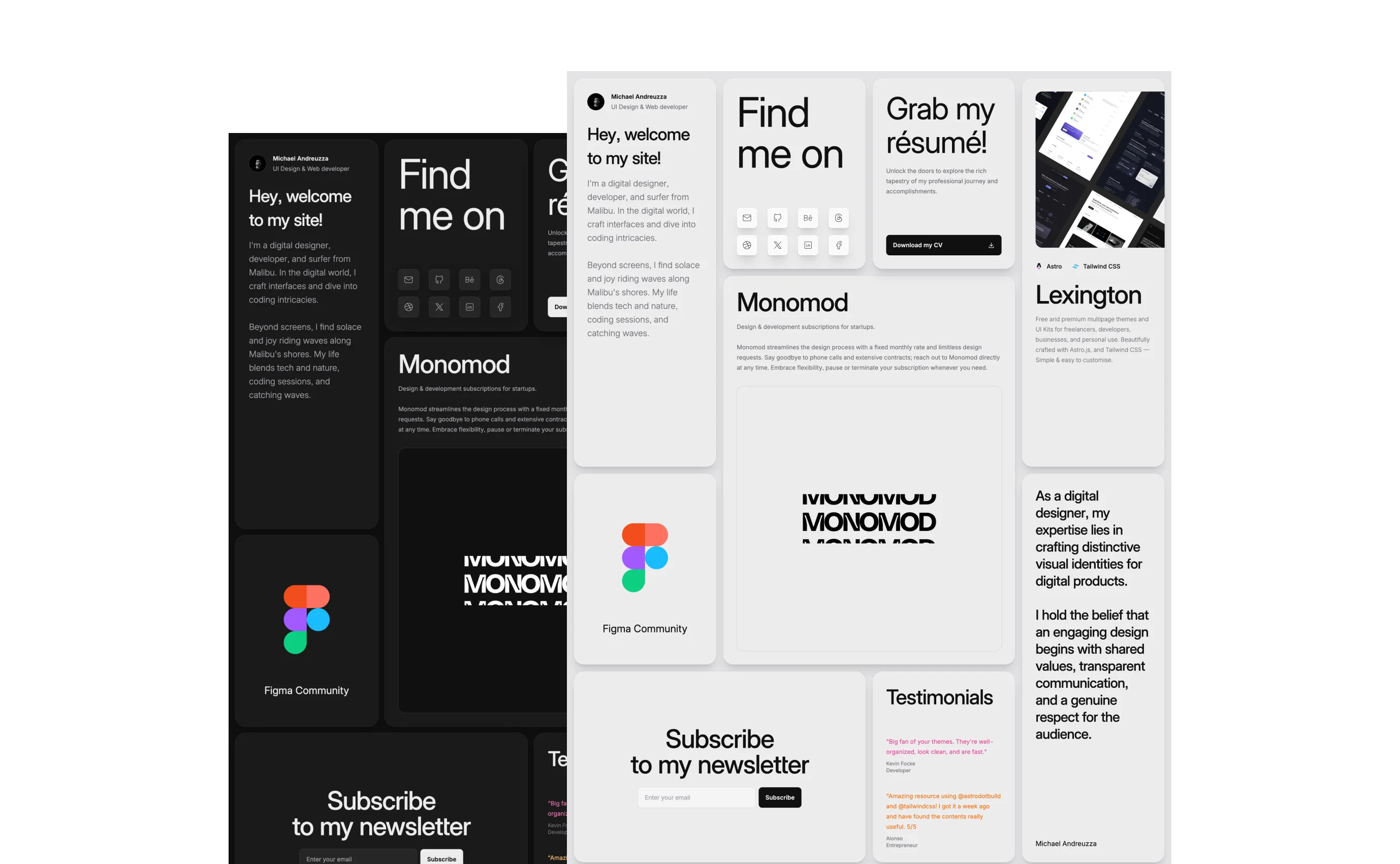 Prima Persona theme with a monochrome palette, showcasing a designer's personal website sections like 'Hey, welcome to my site,' 'Find me on' with social icons, 'Grab my résumé,' and an invitation to join the Figma community. Features include testimonials, newsletter subscription, and highlighted design services.