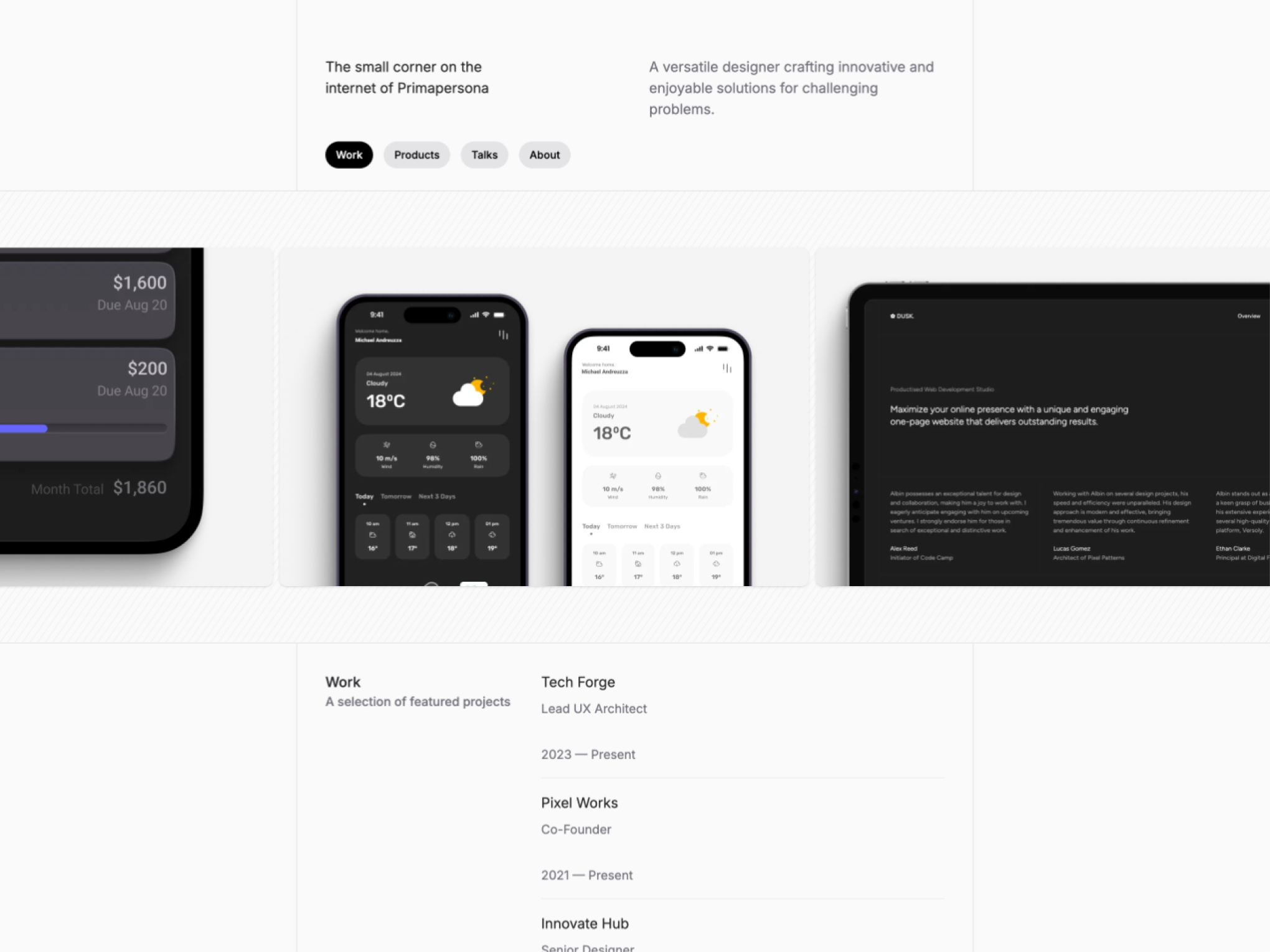 Prima Persona theme with a monochrome palette, showcasing a designer's personal website sections like 'Hey, welcome to my site,' 'Find me on' with social icons, 'Grab my résumé,' and an invitation to join the Figma community. Features include testimonials, newsletter subscription, and highlighted design services.