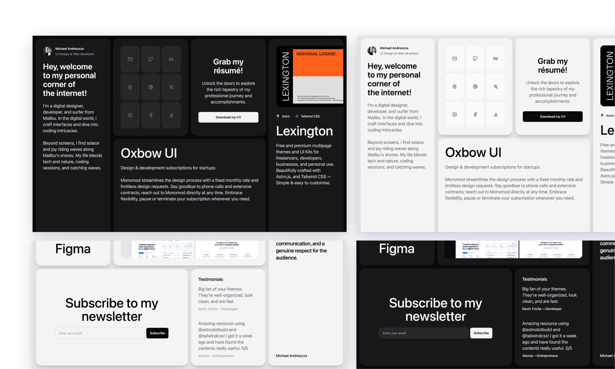 Prima Persona theme with a monochrome palette, showcasing a designer's personal website sections like 'Hey, welcome to my site,' 'Find me on' with social icons, 'Grab my résumé,' and an invitation to join the Figma community. Features include testimonials, newsletter subscription, and highlighted design services.