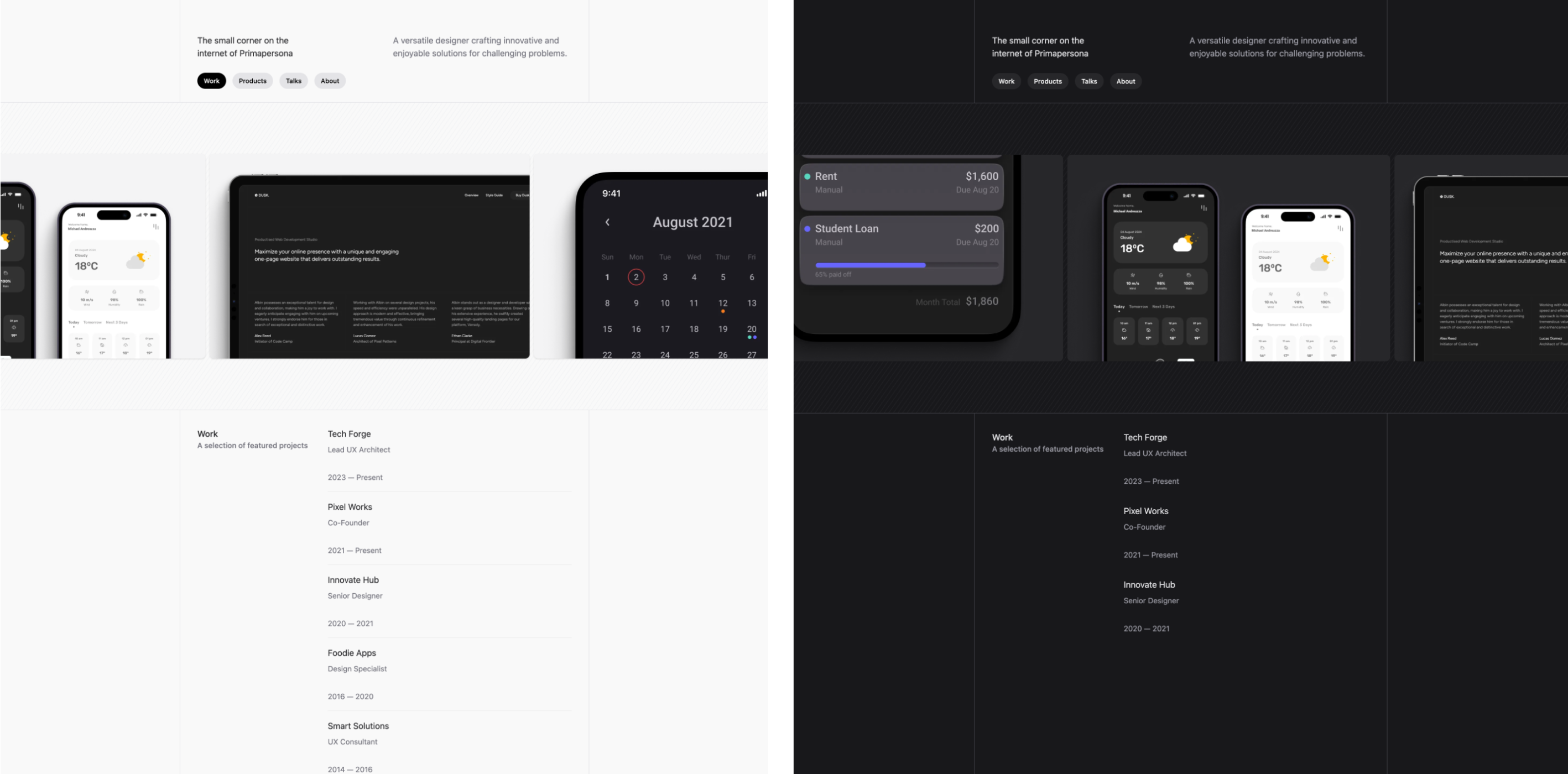 Prima Persona theme with a monochrome palette, showcasing a designer's personal website sections like 'Hey, welcome to my site,' 'Find me on' with social icons, 'Grab my résumé,' and an invitation to join the Figma community. Features include testimonials, newsletter subscription, and highlighted design services.