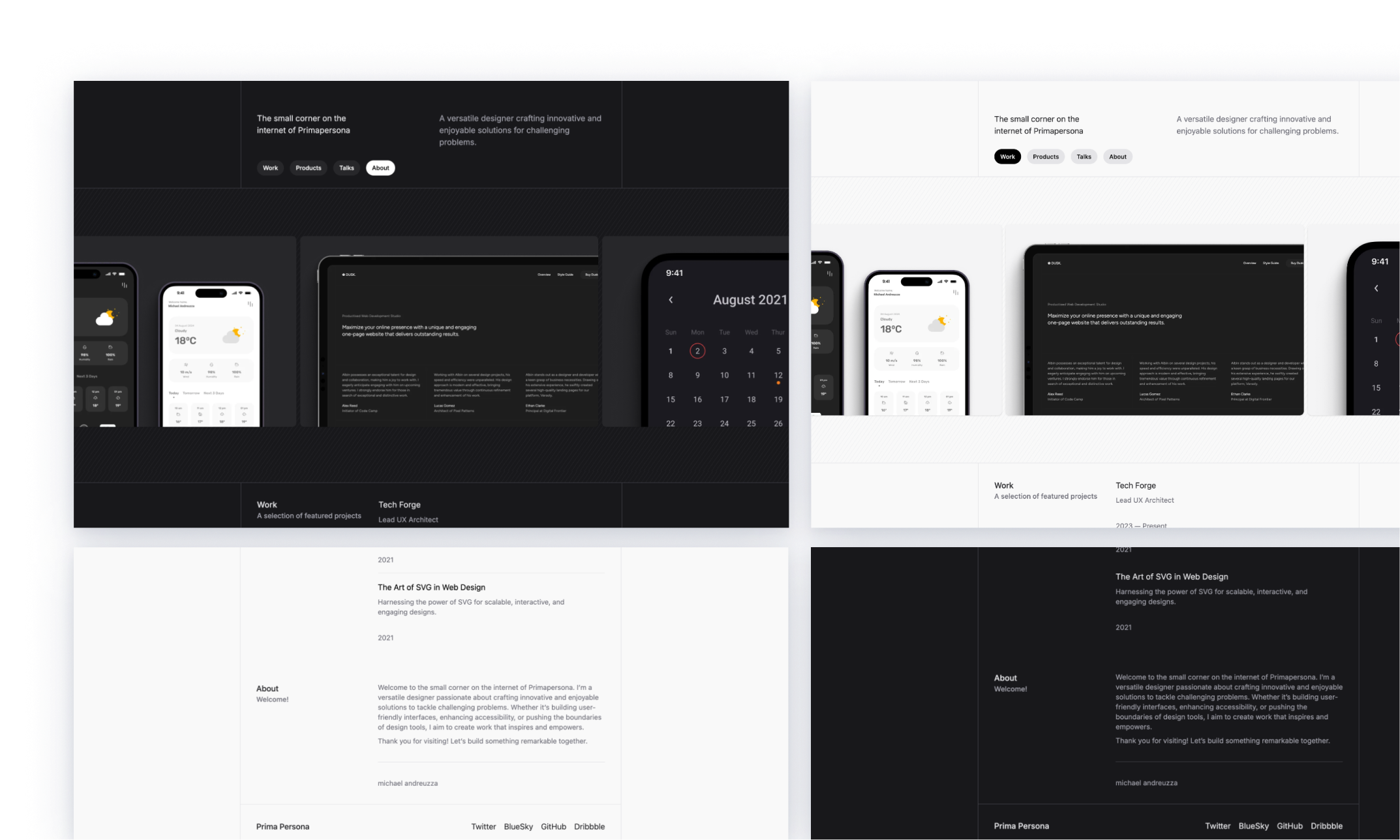 Prima Persona theme with a monochrome palette, showcasing a designer's personal website sections like 'Hey, welcome to my site,' 'Find me on' with social icons, 'Grab my résumé,' and an invitation to join the Figma community. Features include testimonials, newsletter subscription, and highlighted design services.