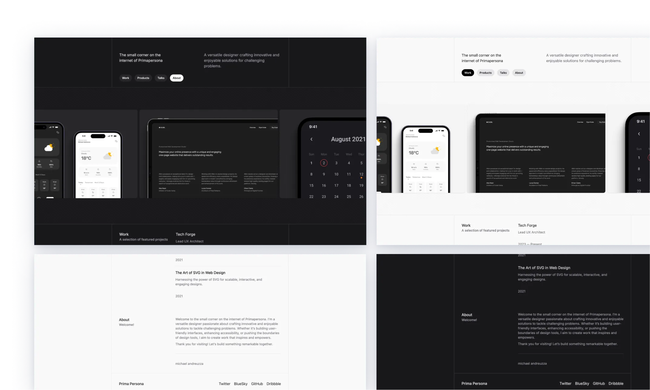 A one pager light and dark theme with clean with a cascade layout and different sections like, introduction, work, product, talks, about. The design employs a black-and-white palette with strategic uses of color for visual interest, ideal for a professional portfolio or persona site