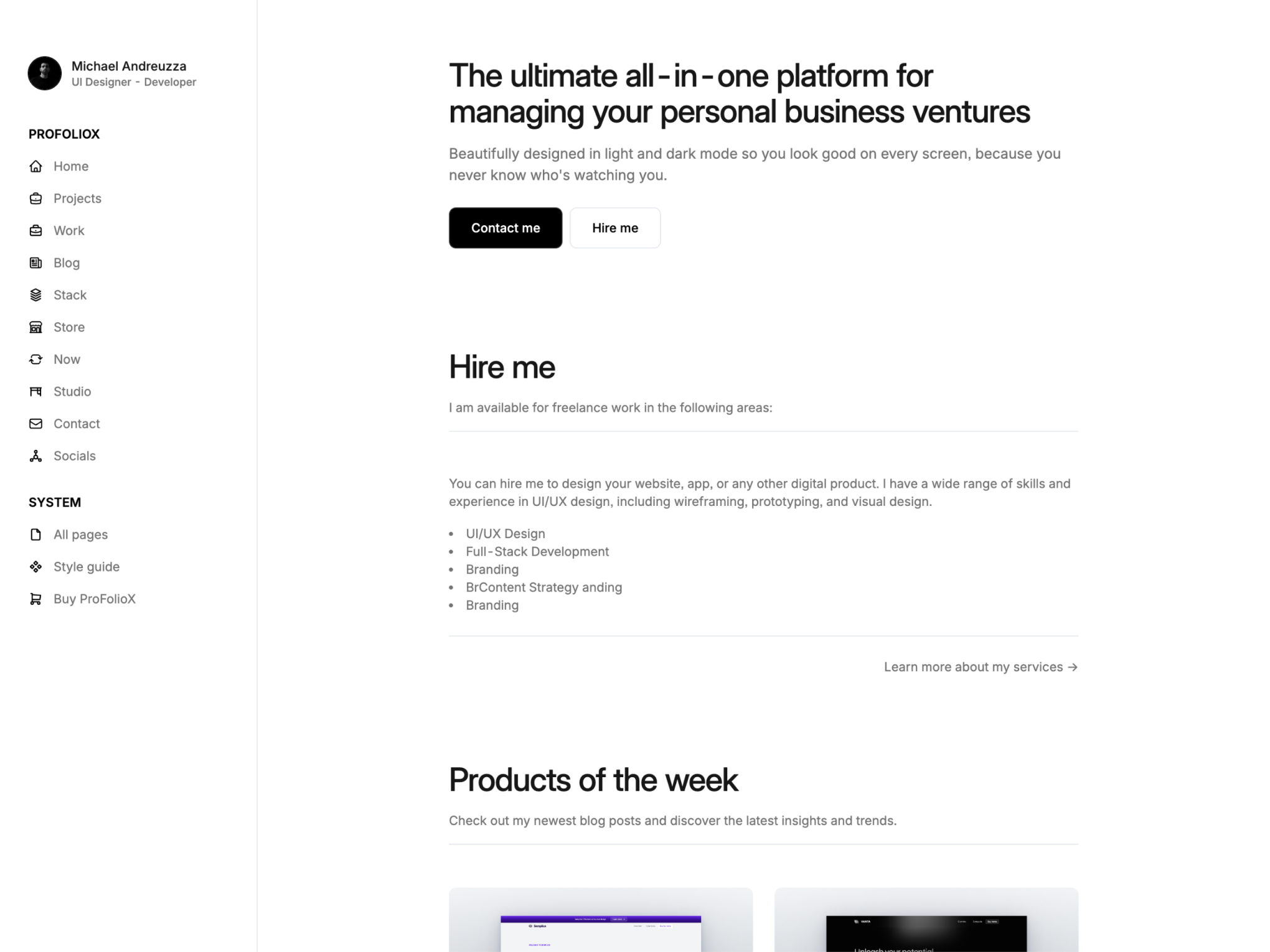  Profoliox theme for articles, showing a clean layout with an article titled '5 Essential Skills for Web Developers.' The sidebar includes navigation links and social media icons, emphasizing a professional, sleek design with a focus on content readability.