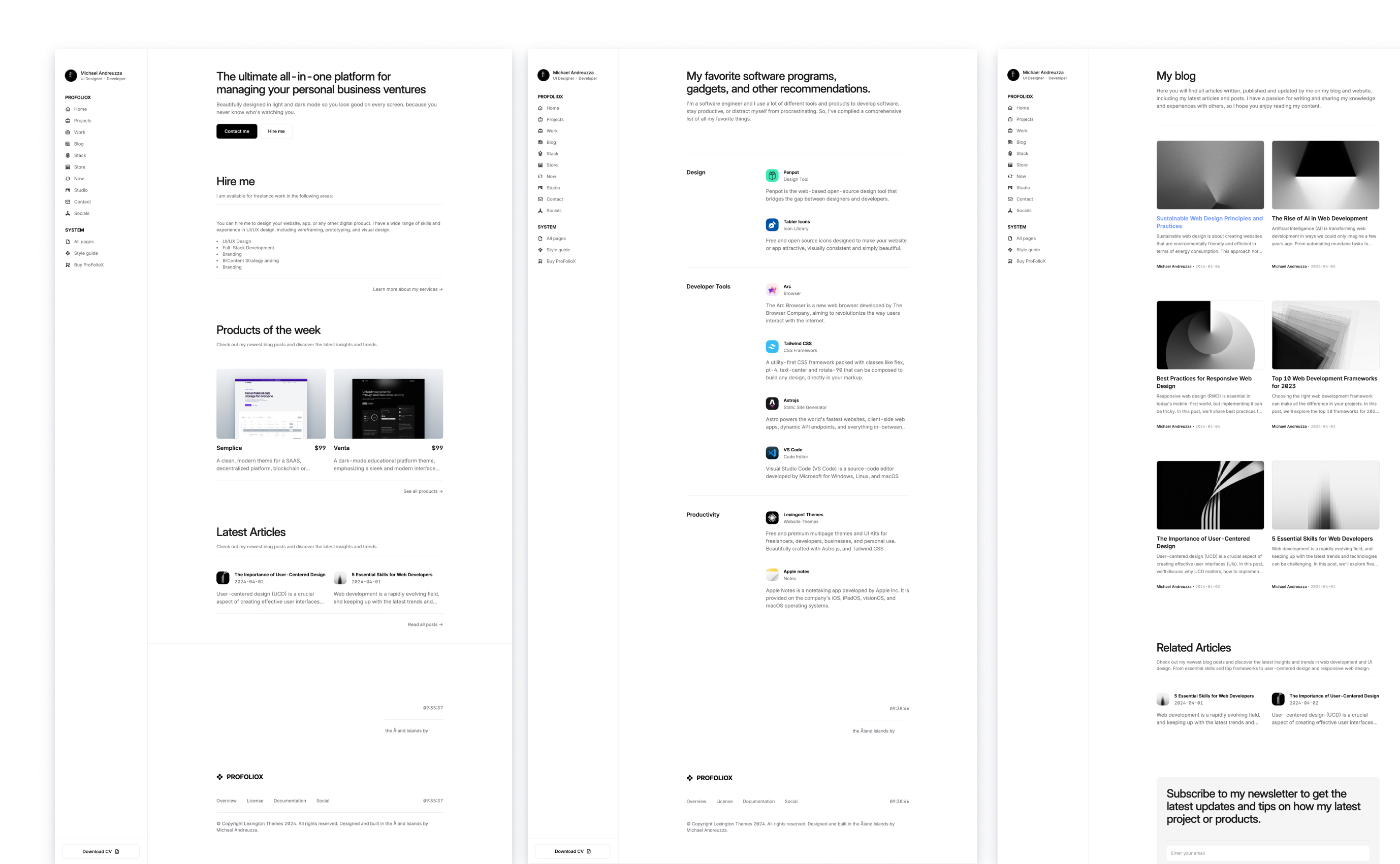  Profoliox theme for articles, showing a clean layout with an article titled '5 Essential Skills for Web Developers.' The sidebar includes navigation links and social media icons, emphasizing a professional, sleek design with a focus on content readability.