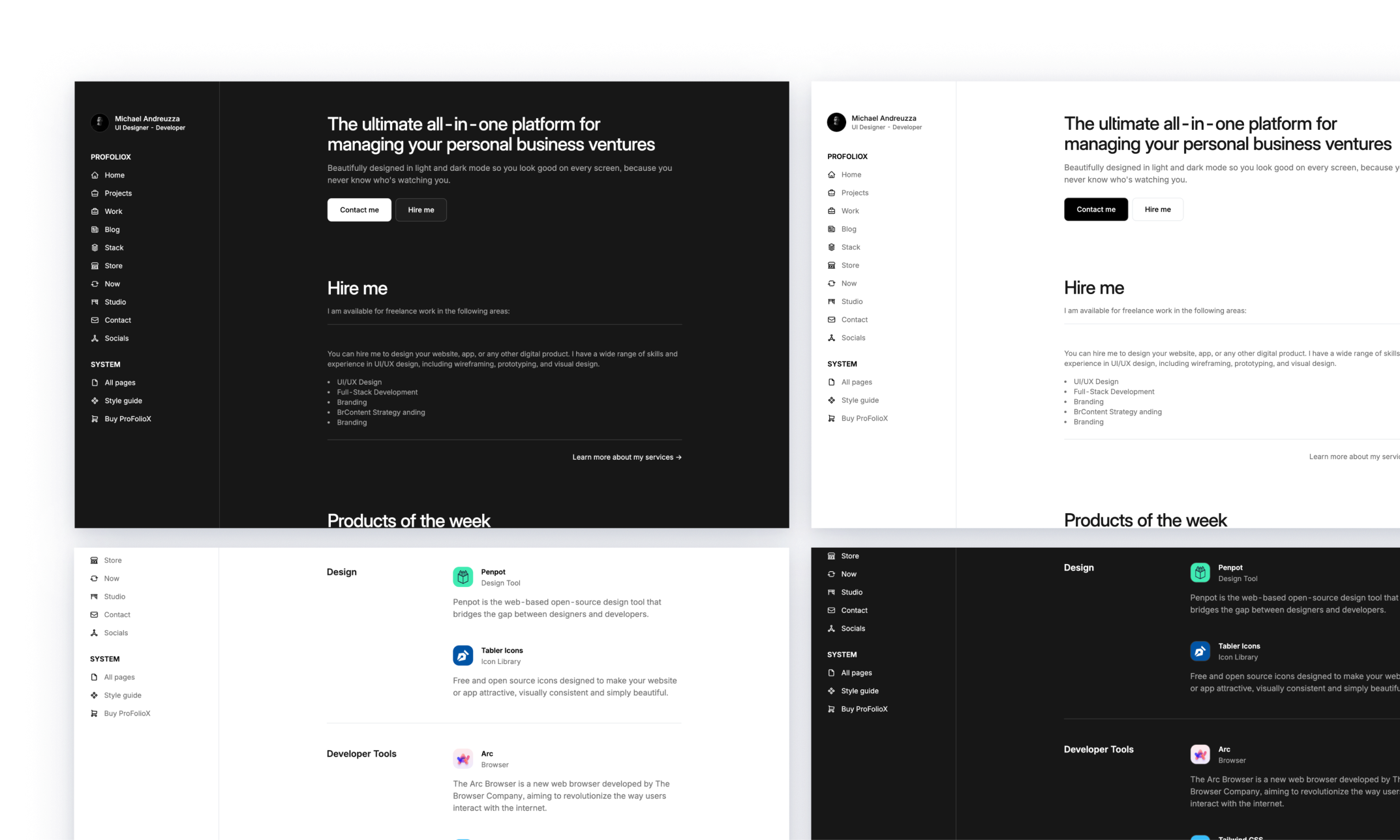  Profoliox theme for articles, showing a clean layout with an article titled '5 Essential Skills for Web Developers.' The sidebar includes navigation links and social media icons, emphasizing a professional, sleek design with a focus on content readability.