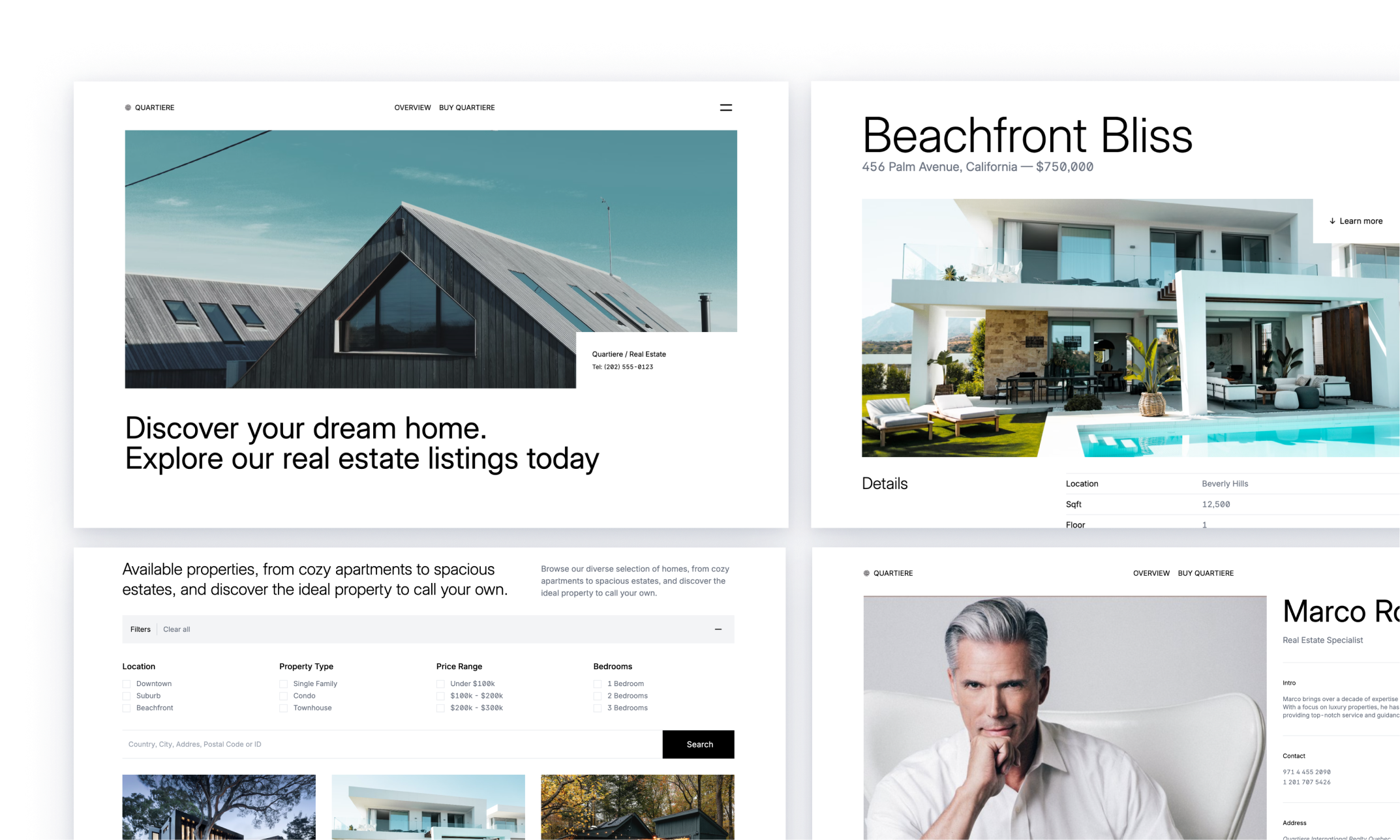 Quartiere theme for a real estate business, featuring a clean and modern design with a focus on portfolio showcase. It includes sections for project highlights, team profiles, client testimonials, and a contact form, emphasizing its suitability for real estate businesses.