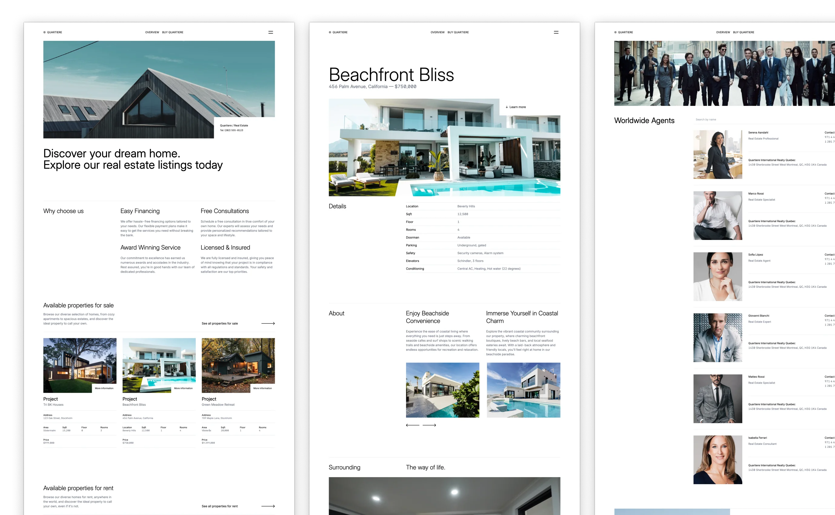Quartiere theme for a real estate business, featuring a clean and modern design with a focus on portfolio showcase. It includes sections for project highlights, team profiles, client testimonials, and a contact form, emphasizing its suitability for real estate businesses.