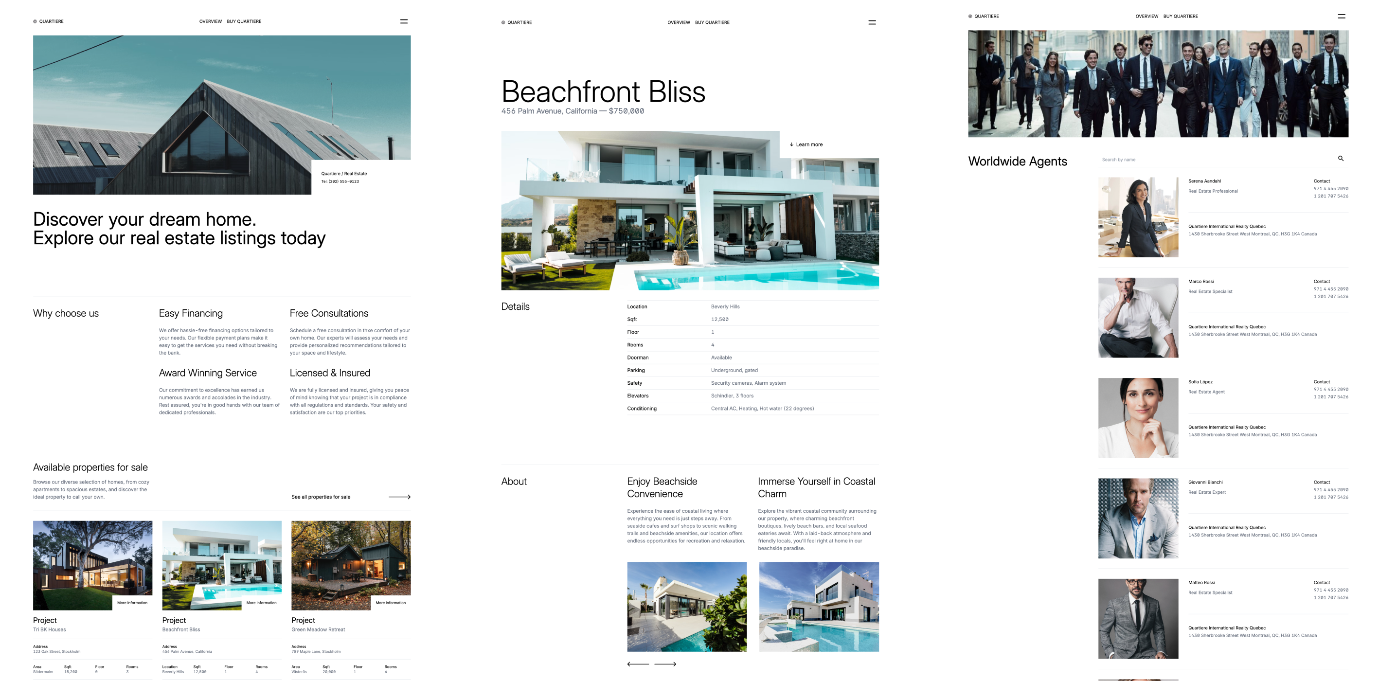 Quartiere theme for a real estate business, featuring a clean and modern design with a focus on portfolio showcase. It includes sections for project highlights, team profiles, client testimonials, and a contact form, emphasizing its suitability for real estate businesses.