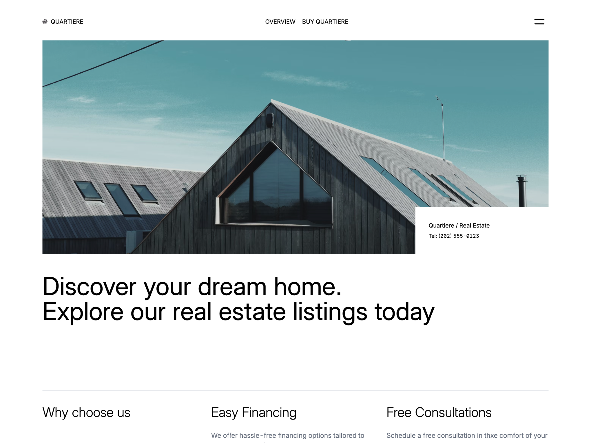 Quartiere theme for a real estate business, featuring a clean and modern design with a focus on portfolio showcase. It includes sections for project highlights, team profiles, client testimonials, and a contact form, emphasizing its suitability for real estate businesses.