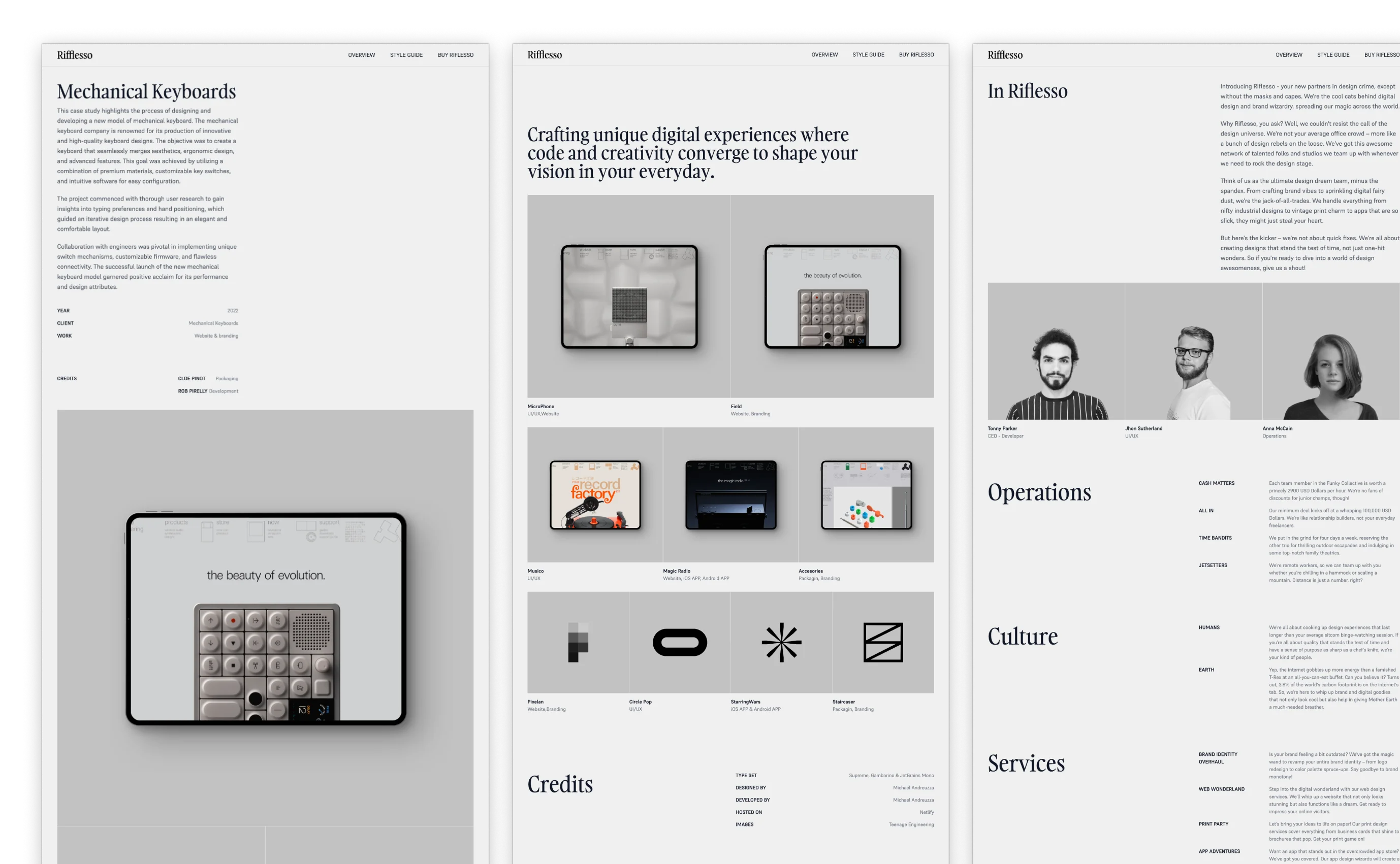 Riflesso theme presenting a professional portfolio, with a grayscale design showcasing mechanical keyboards, digital interfaces, and product designs. Includes detailed project descriptions, images of design work, and credits, along with profiles of design team members.