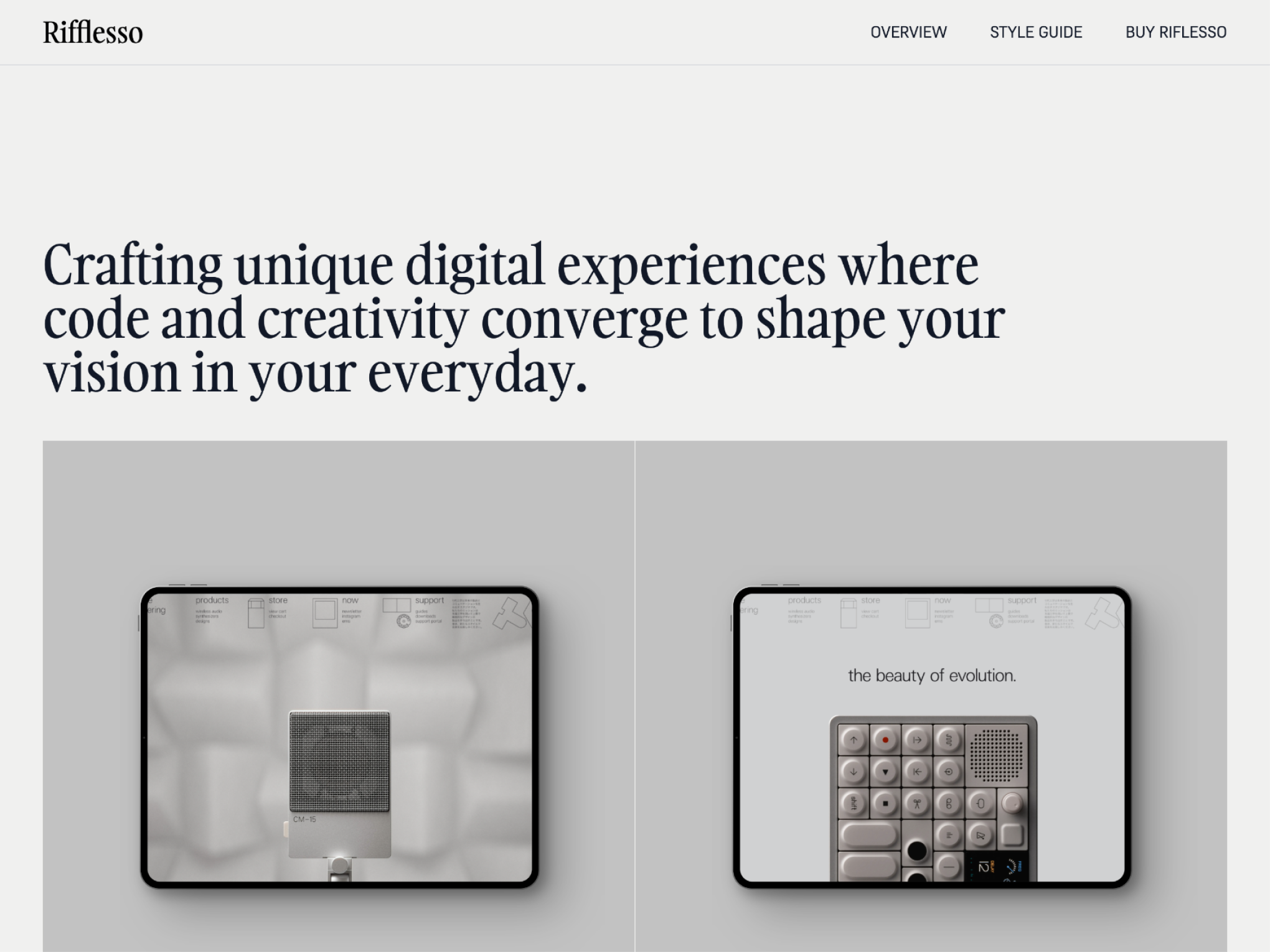 Riflesso theme presenting a professional portfolio, with a grayscale design showcasing mechanical keyboards, digital interfaces, and product designs. Includes detailed project descriptions, images of design work, and credits, along with profiles of design team members.