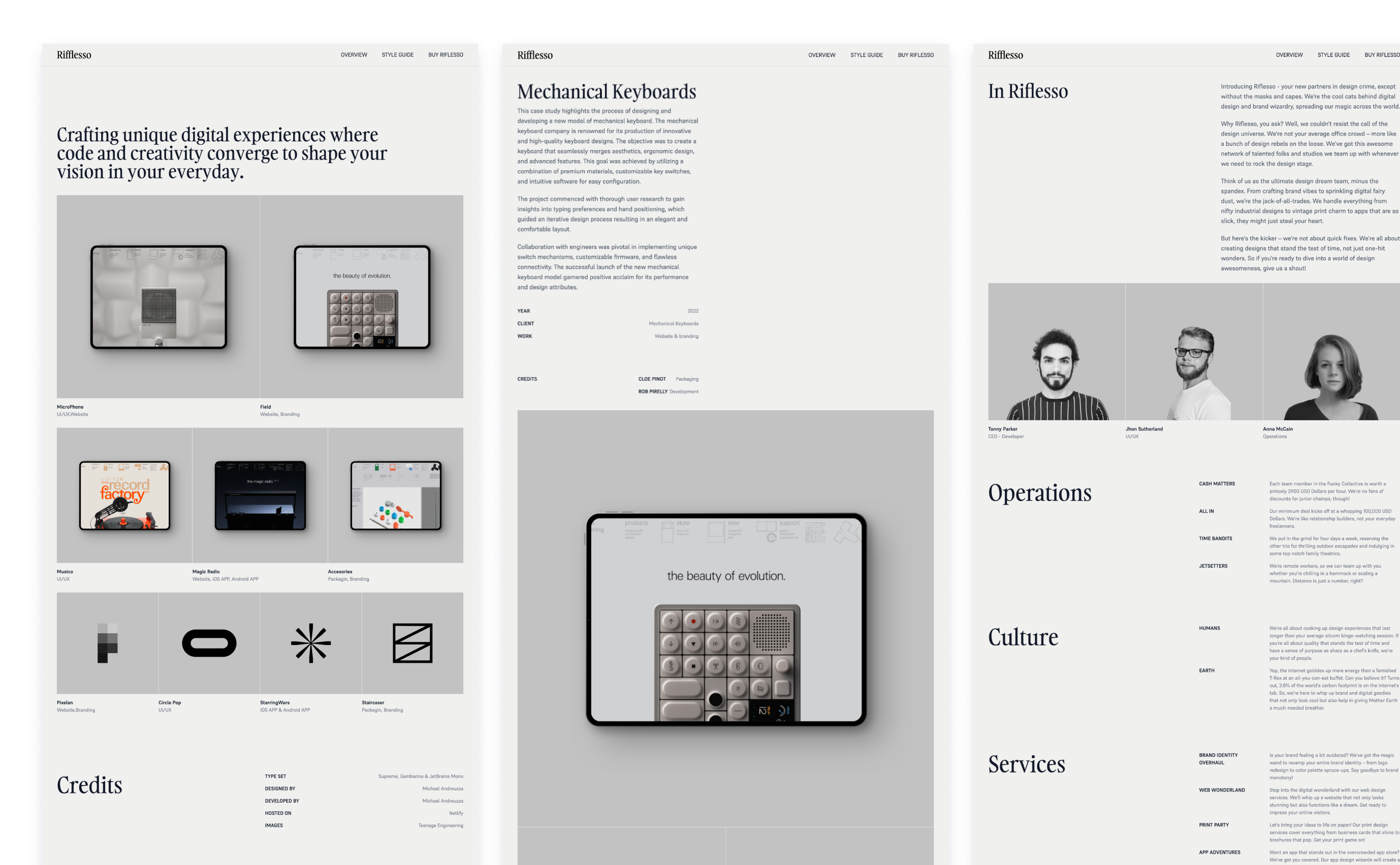 Riflesso theme presenting a professional portfolio, with a grayscale design showcasing mechanical keyboards, digital interfaces, and product designs. Includes detailed project descriptions, images of design work, and credits, along with profiles of design team members.