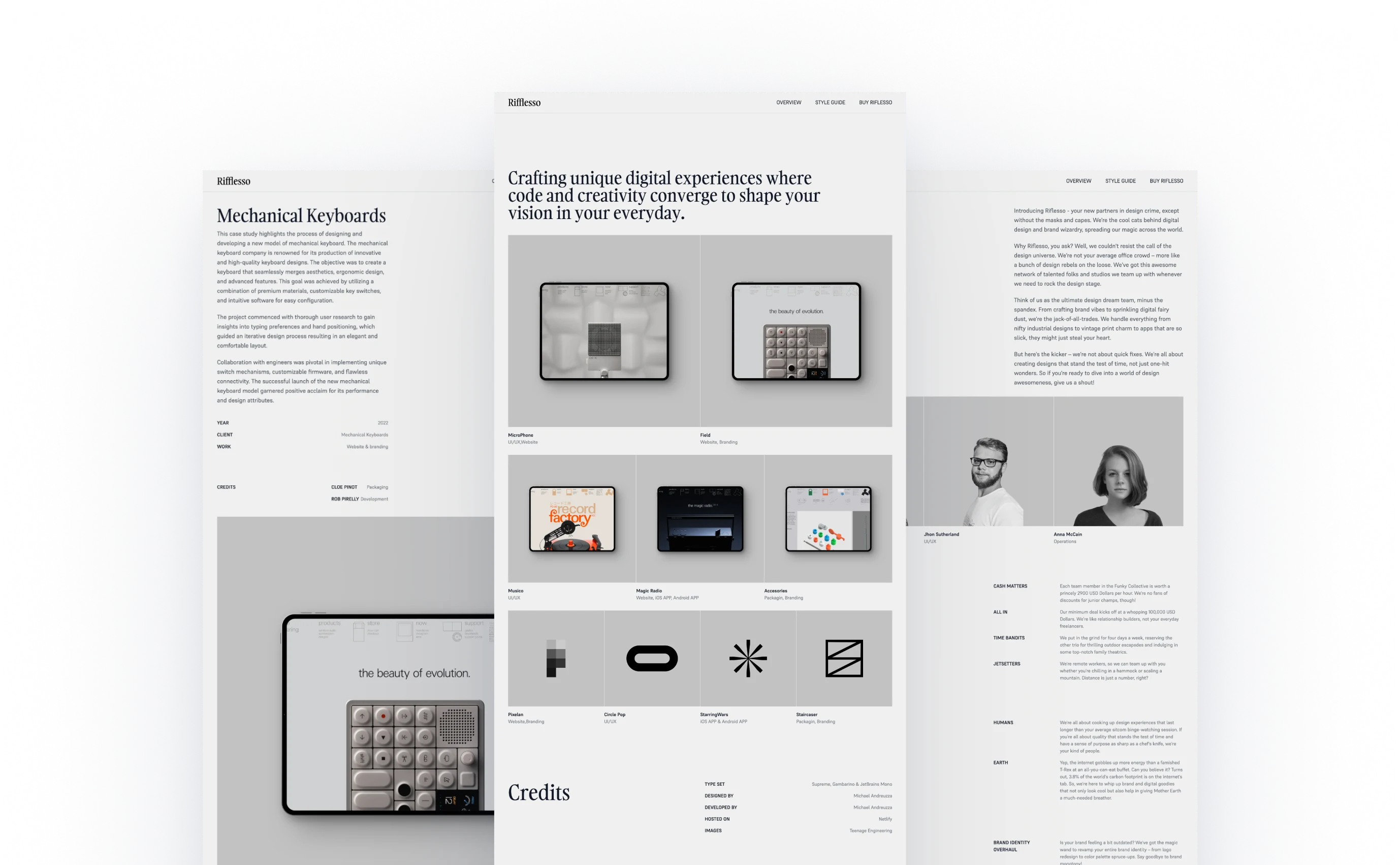 Riflesso theme presenting a professional portfolio, with a grayscale design showcasing mechanical keyboards, digital interfaces, and product designs. Includes detailed project descriptions, images of design work, and credits, along with profiles of design team members.