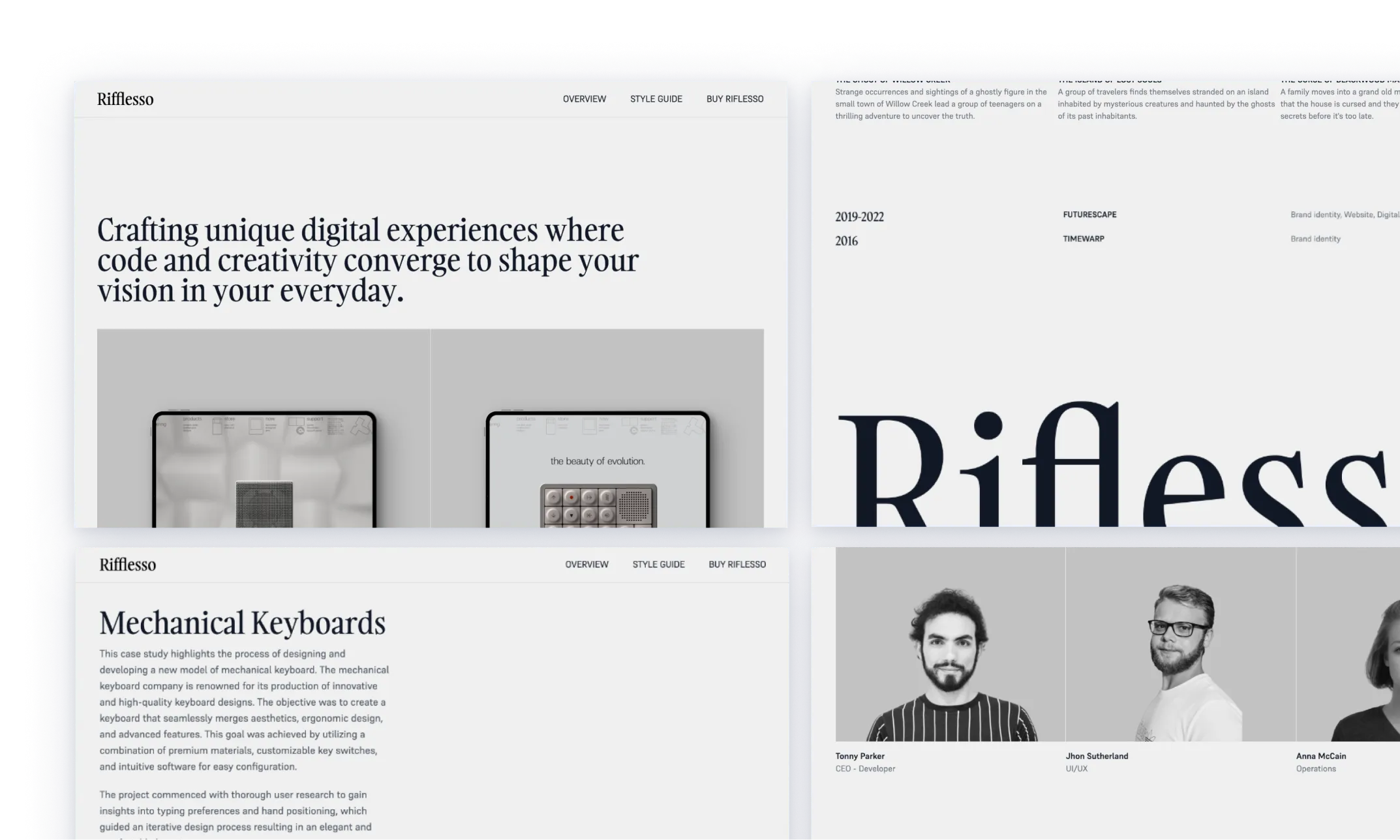 Riflesso theme presenting a professional portfolio, with a grayscale design showcasing mechanical keyboards, digital interfaces, and product designs. Includes detailed project descriptions, images of design work, and credits, along with profiles of design team members.