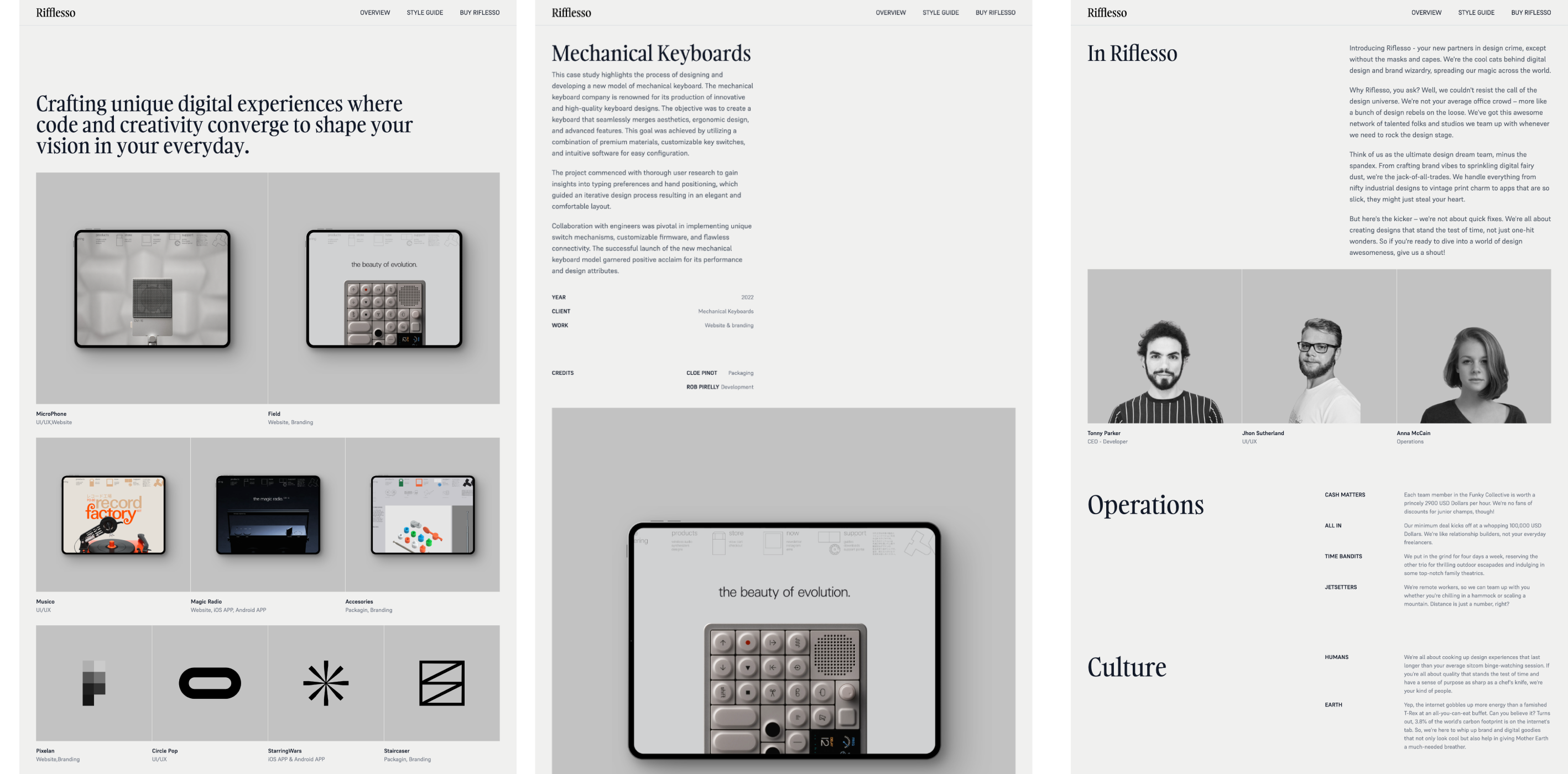 Riflesso theme presenting a professional portfolio, with a grayscale design showcasing mechanical keyboards, digital interfaces, and product designs. Includes detailed project descriptions, images of design work, and credits, along with profiles of design team members.