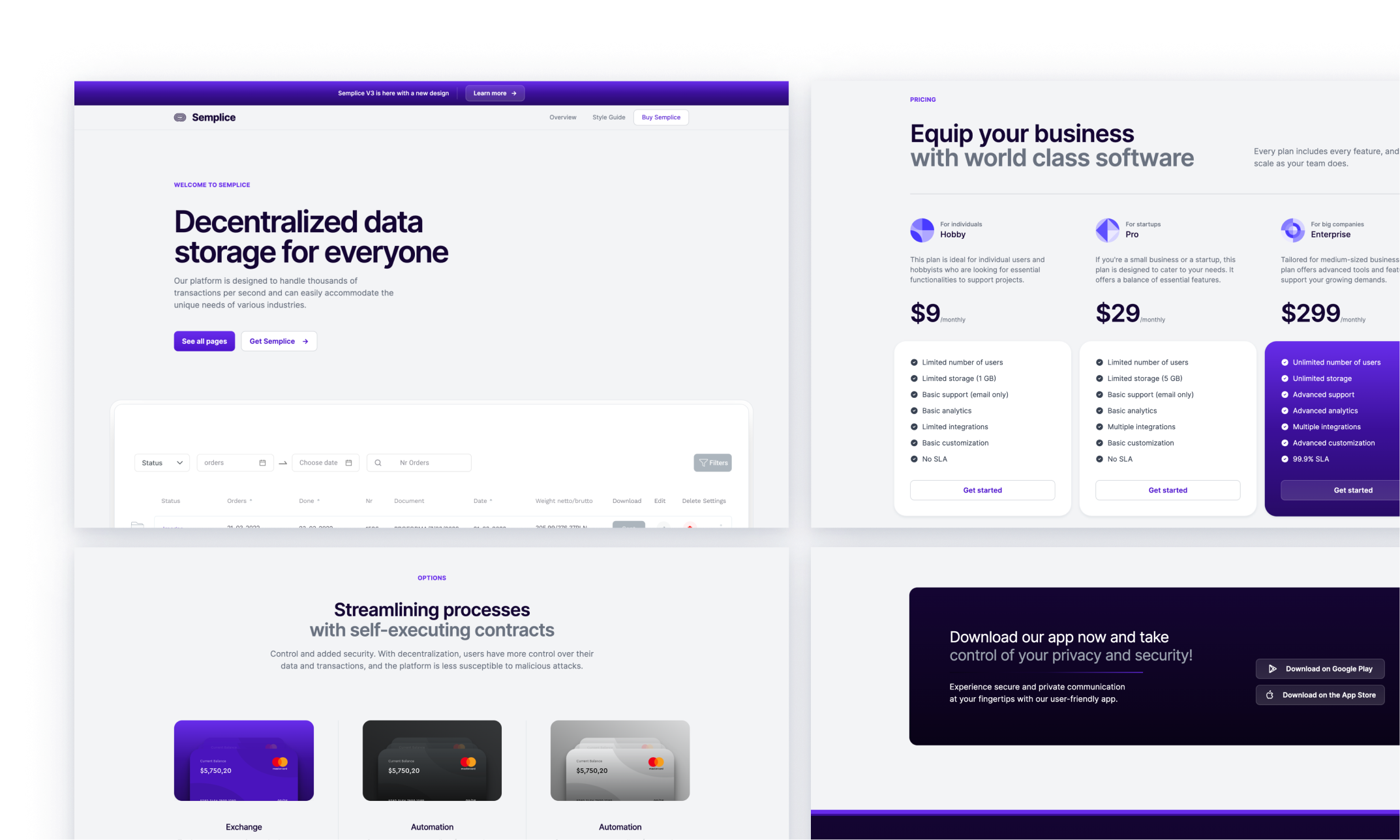 Semplice theme layout for a blockchain-based platform, with a clean and modern design in white and purple. It features sections for decentralized data storage, cryptocurrency trading, and secure transactions, alongside mobile app views for trading and wallet management.