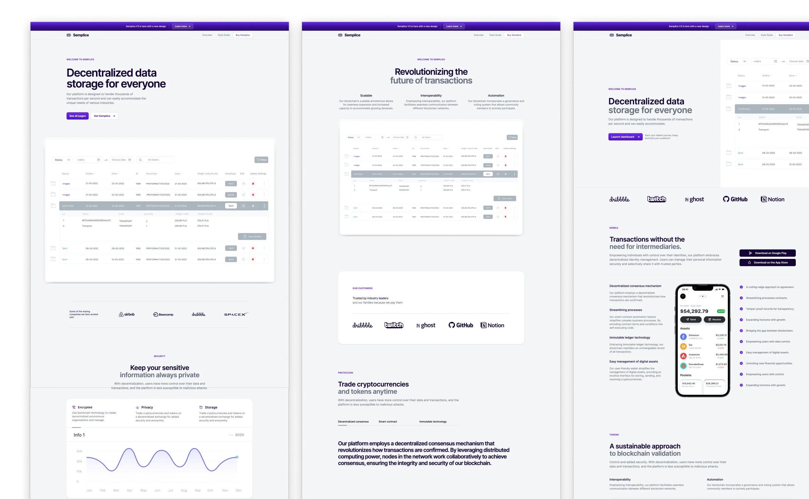 Semplice theme layout for a blockchain-based platform, with a clean and modern design in white and purple. It features sections for decentralized data storage, cryptocurrency trading, and secure transactions, alongside mobile app views for trading and wallet management.