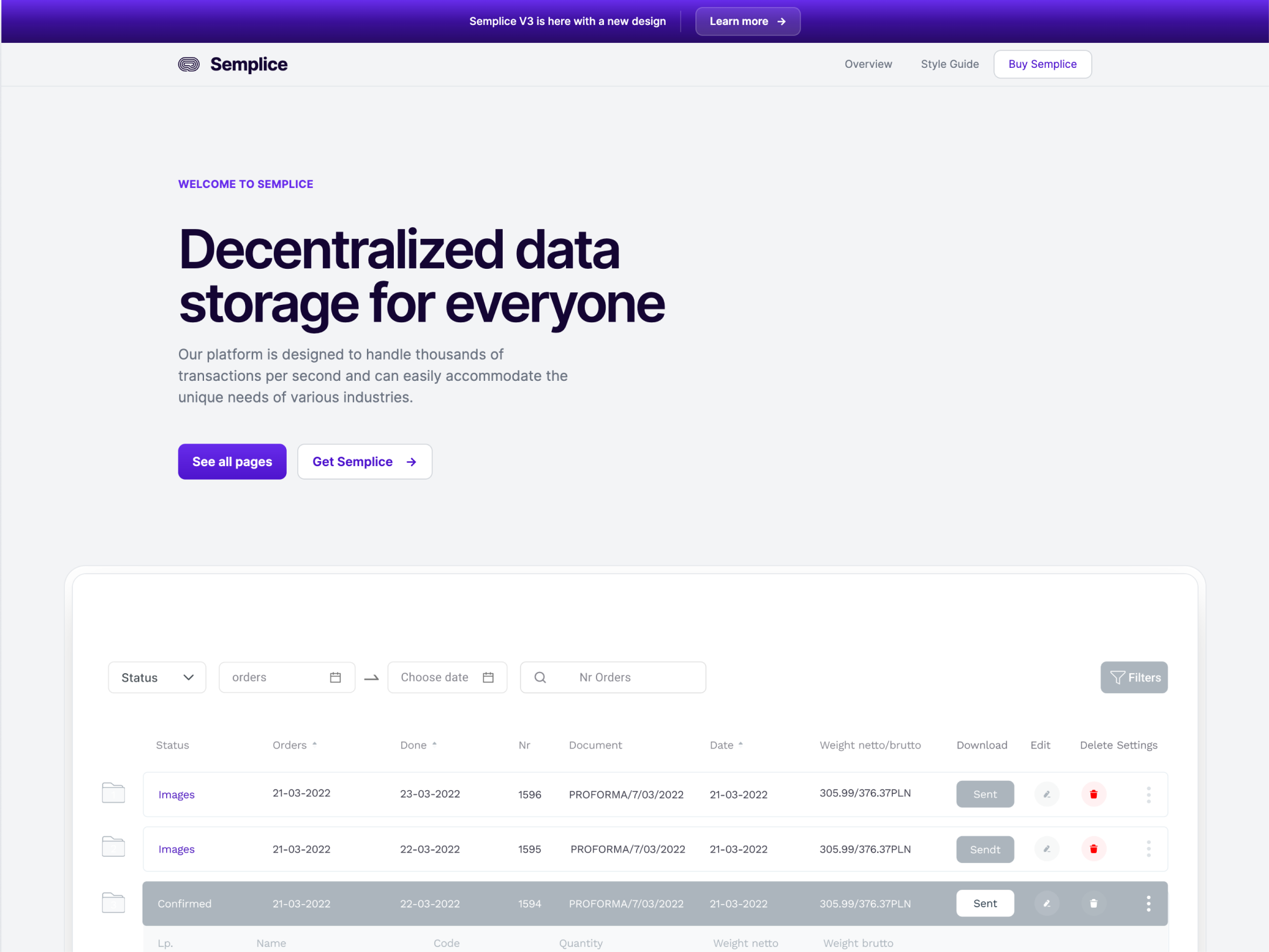 Semplice theme layout for a blockchain-based platform, with a clean and modern design in white and purple. It features sections for decentralized data storage, cryptocurrency trading, and secure transactions, alongside mobile app views for trading and wallet management.