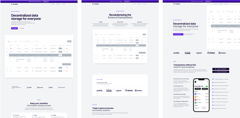 Semplice theme layout for a blockchain-based platform, with a clean and modern design in white and purple. It features sections for decentralized data storage, cryptocurrency trading, and secure transactions, alongside mobile app views for trading and wallet management.