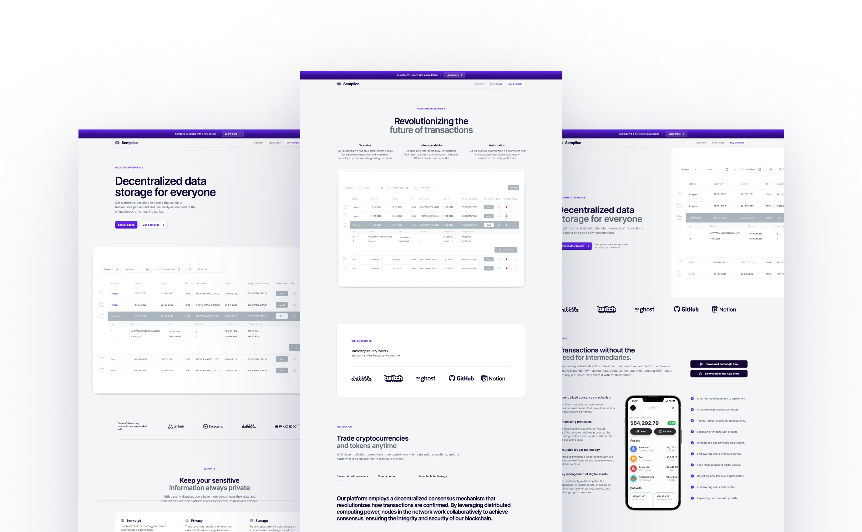 Semplice theme layout for a blockchain-based platform, with a clean and modern design in white and purple. It features sections for decentralized data storage, cryptocurrency trading, and secure transactions, alongside mobile app views for trading and wallet management.