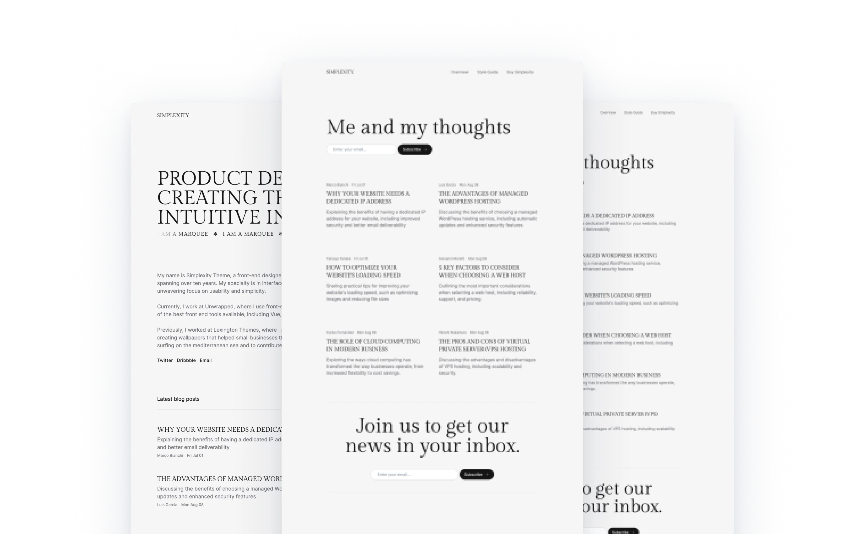Simplexity blog theme with a minimalist design, featuring a 'Me and my thoughts' section for personal insights and a subscription invitation. Below, a series of blog post titles about web design and hosting are displayed, emphasizing clean typography and intuitive navigation.